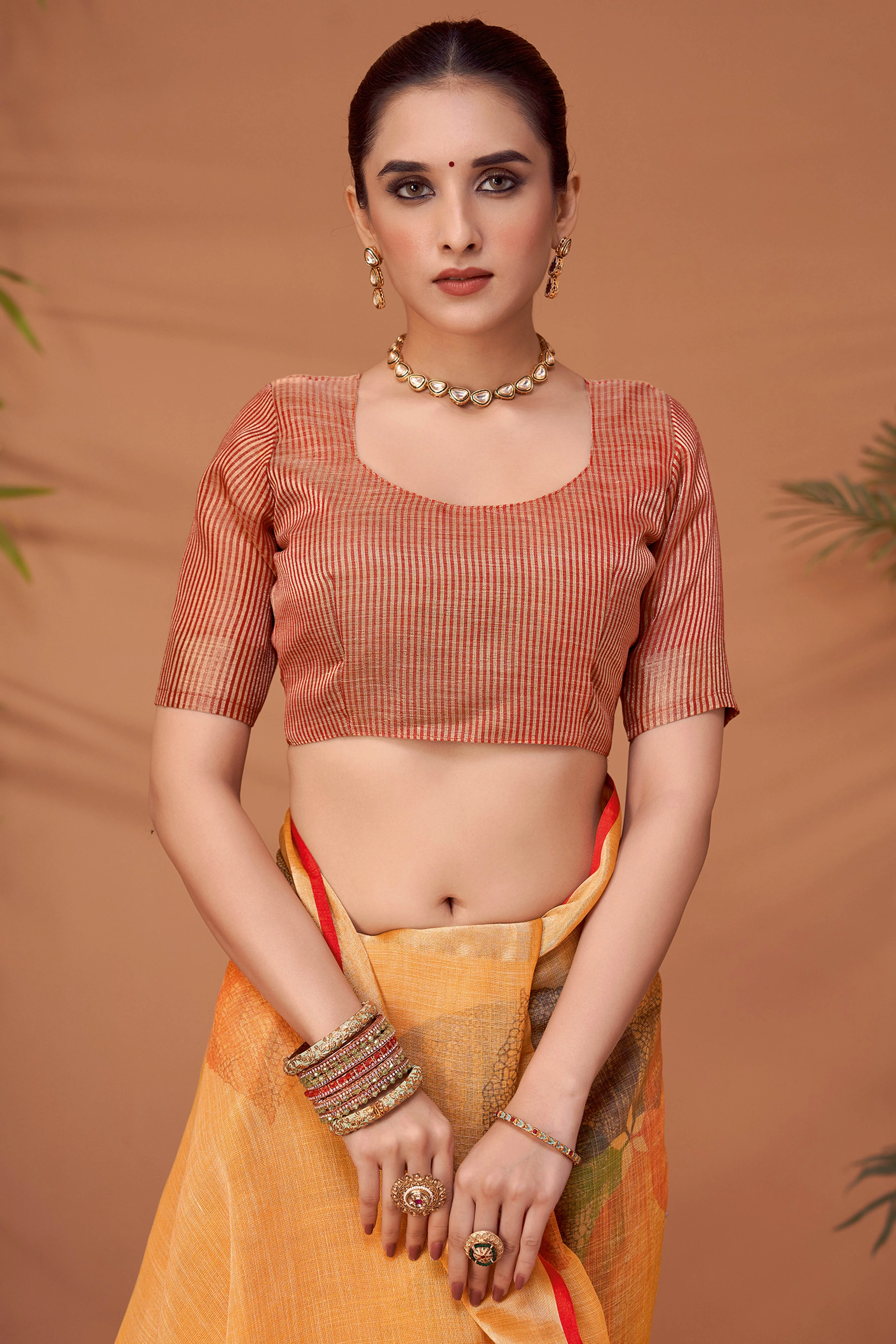 Orange Woven Floral Printed Linen Blend Saree with Soft Elegant Texture - Image 6