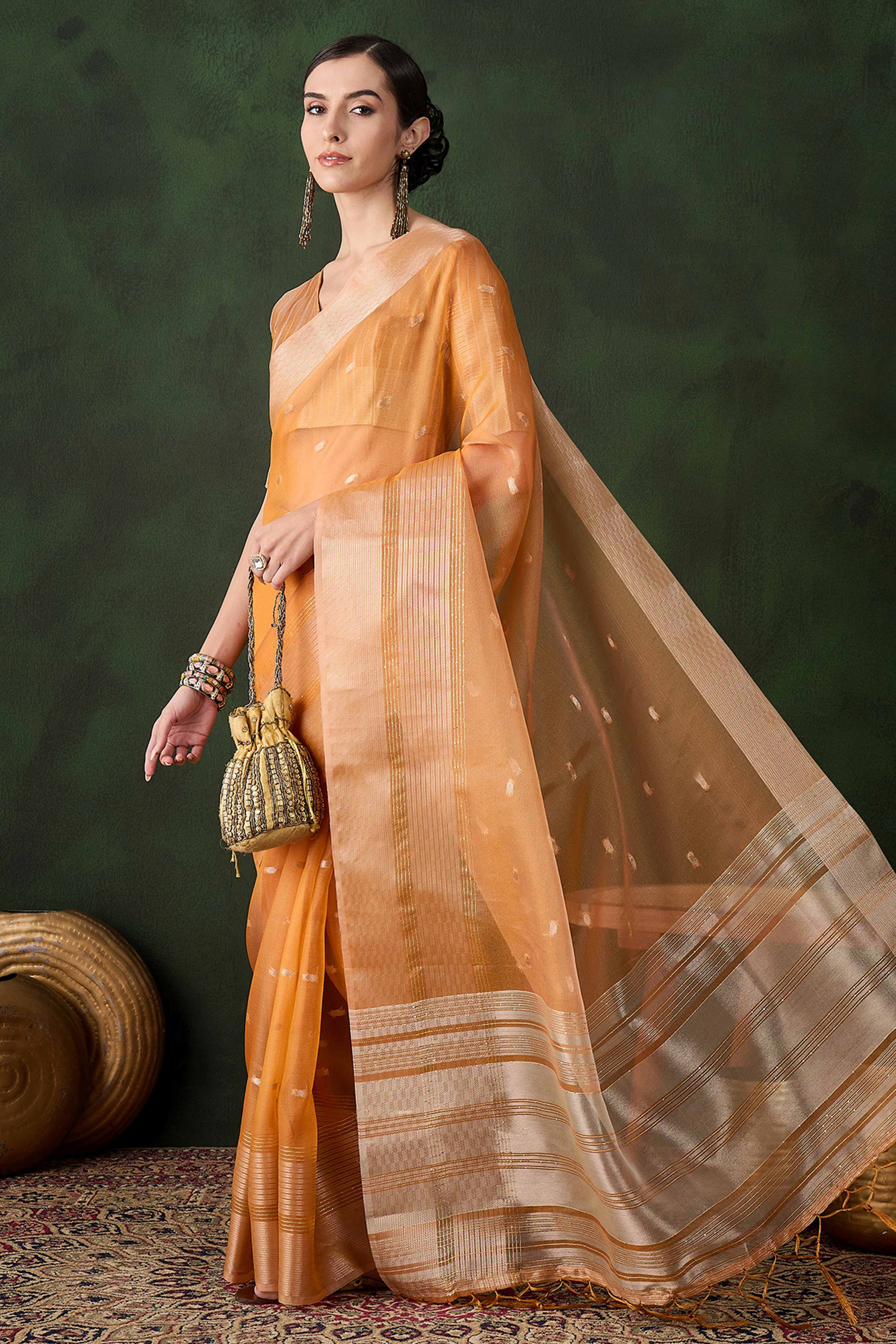 Orange Woven Khadi Organza Saree Embellished With Shimmering Sequins Work - Image 4