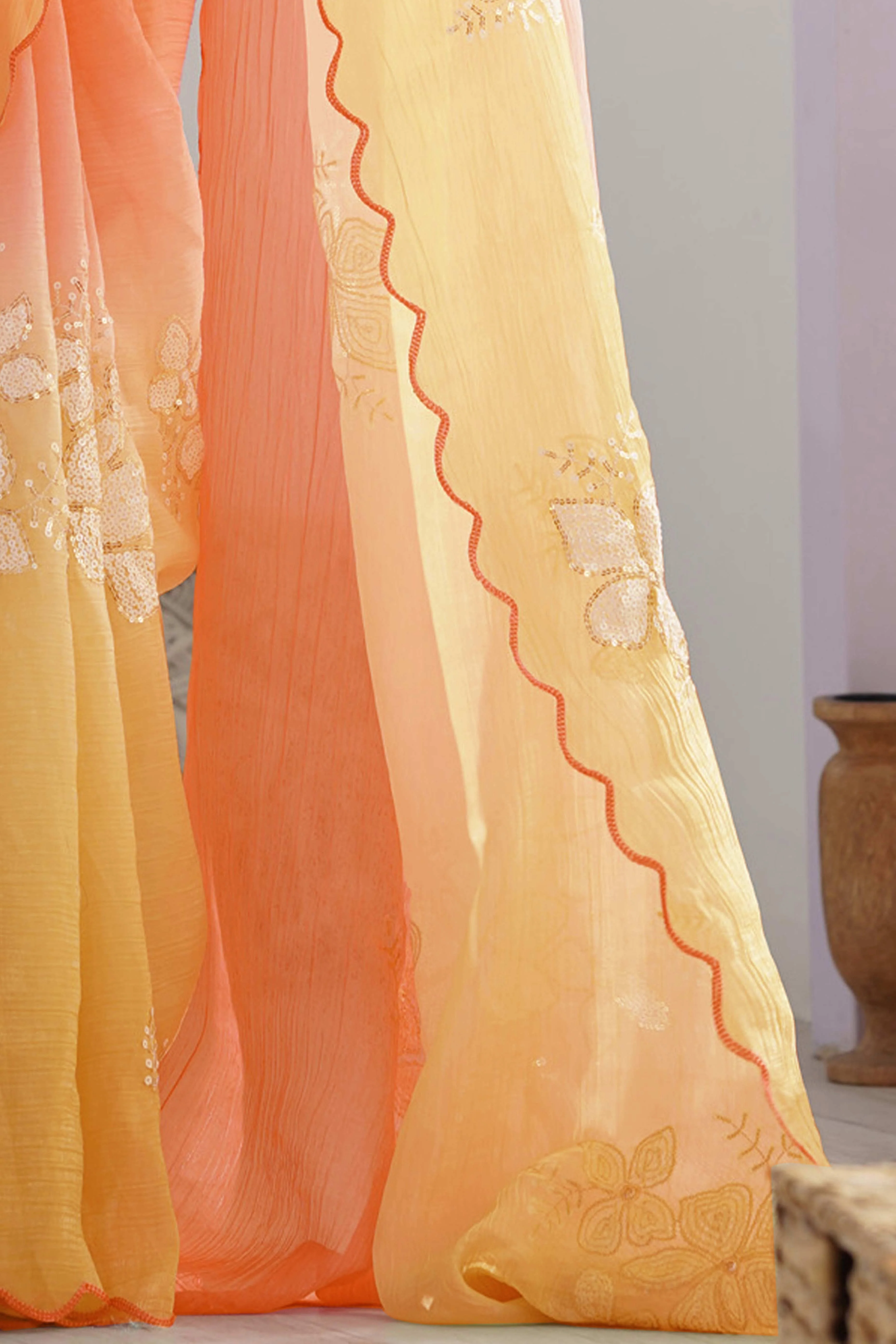 Orange & Yellow Ombre Silk Blend Saree Accentuated With Floral Sequins Embroidery - Image 6