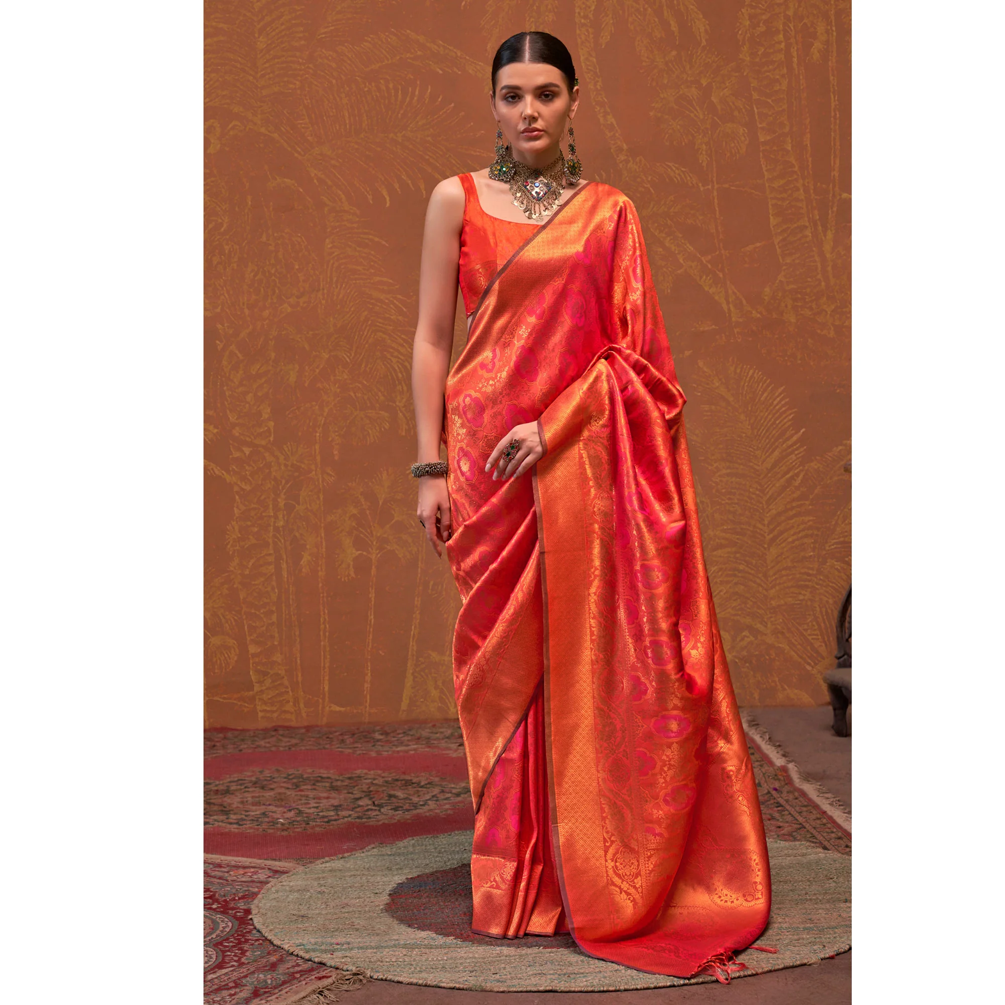 Orange Zari Weaving Art Silk Saree With Tassels - Image 3