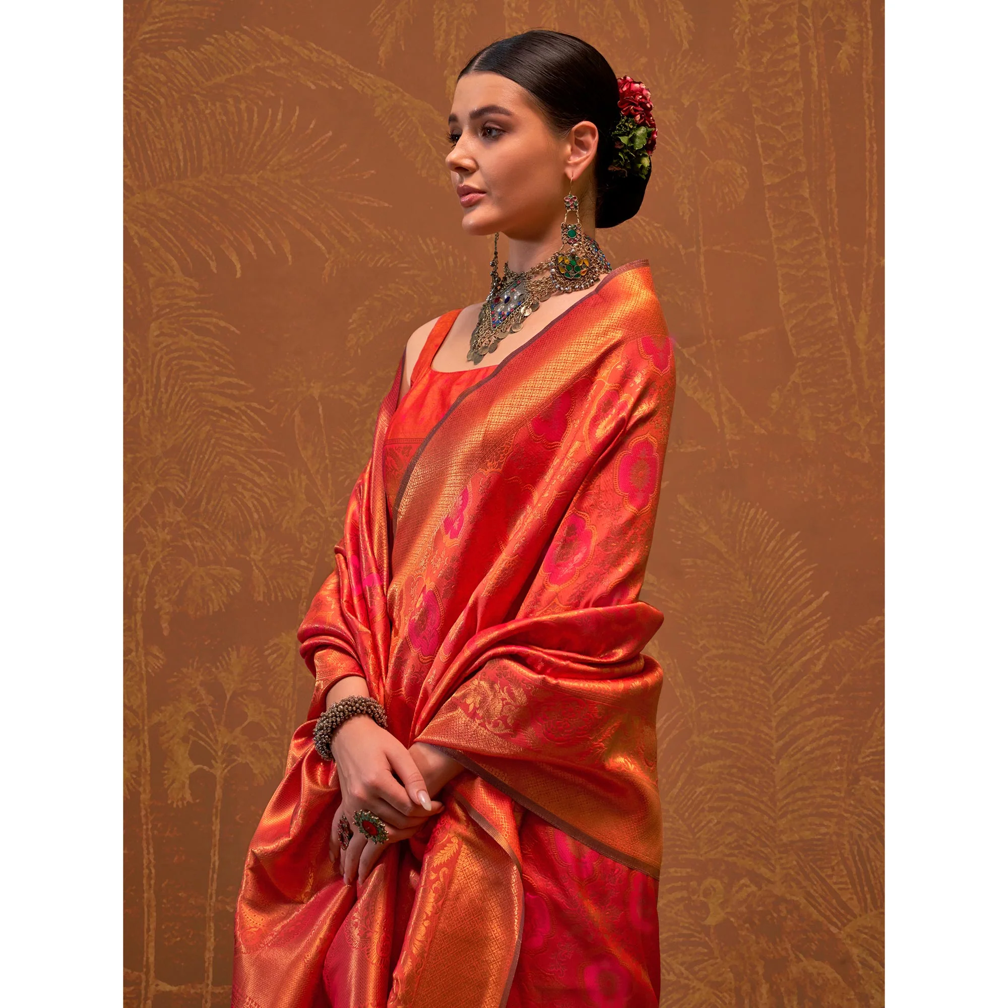 Orange Zari Weaving Art Silk Saree With Tassels - Image 4