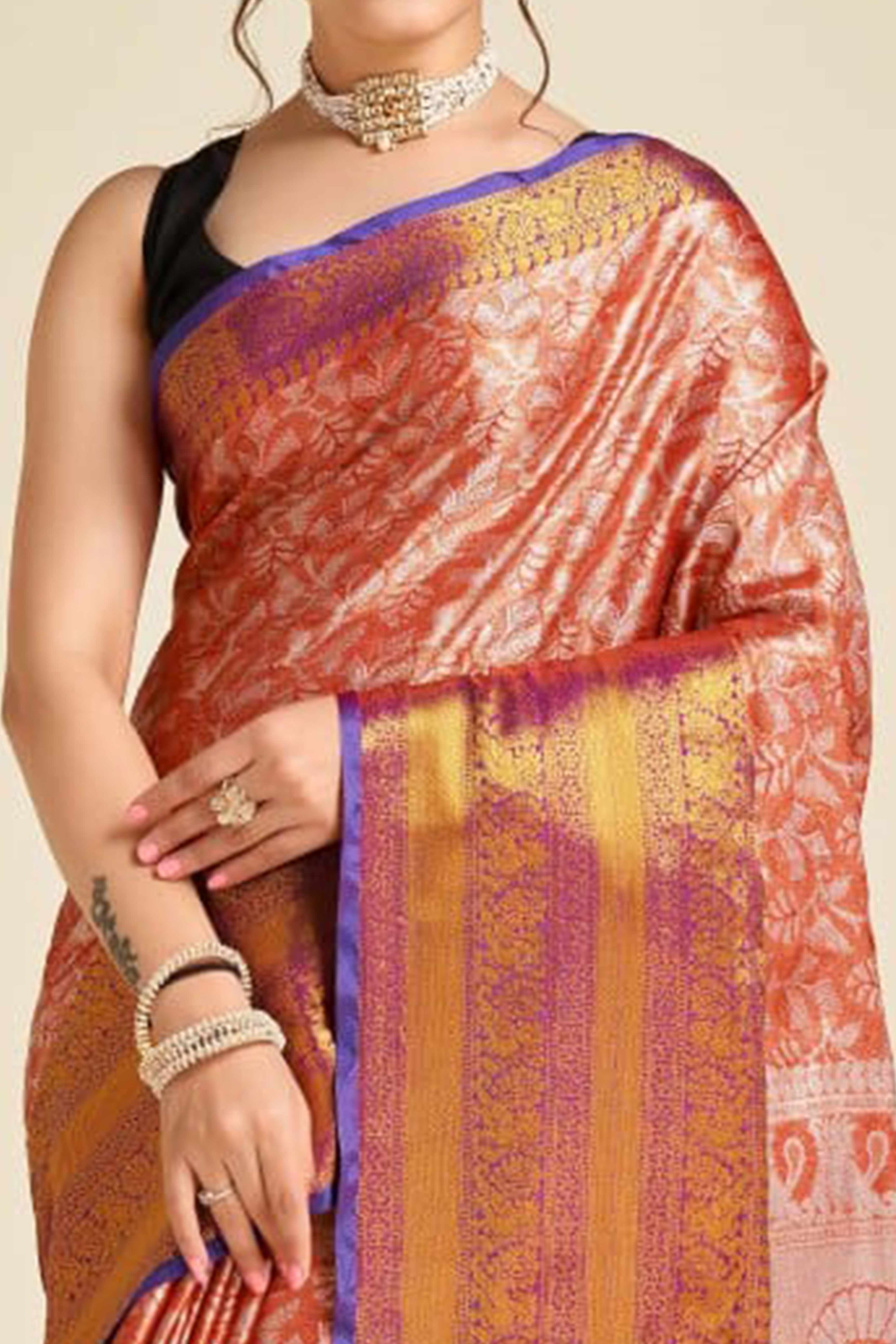 Orange Zari Weaving Banarasi Silk Saree - Image 2