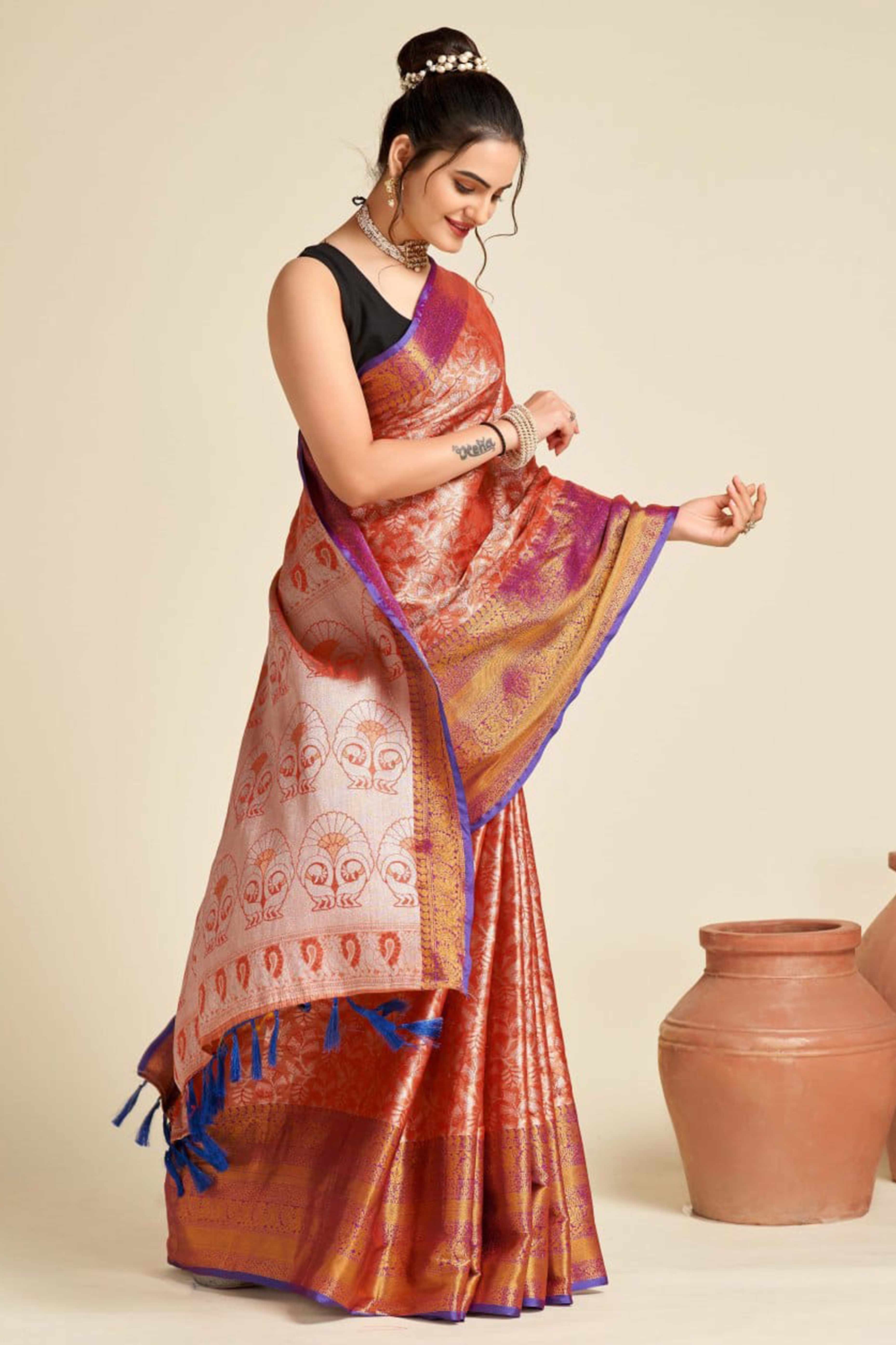 Orange Zari Weaving Banarasi Silk Saree - Image 3