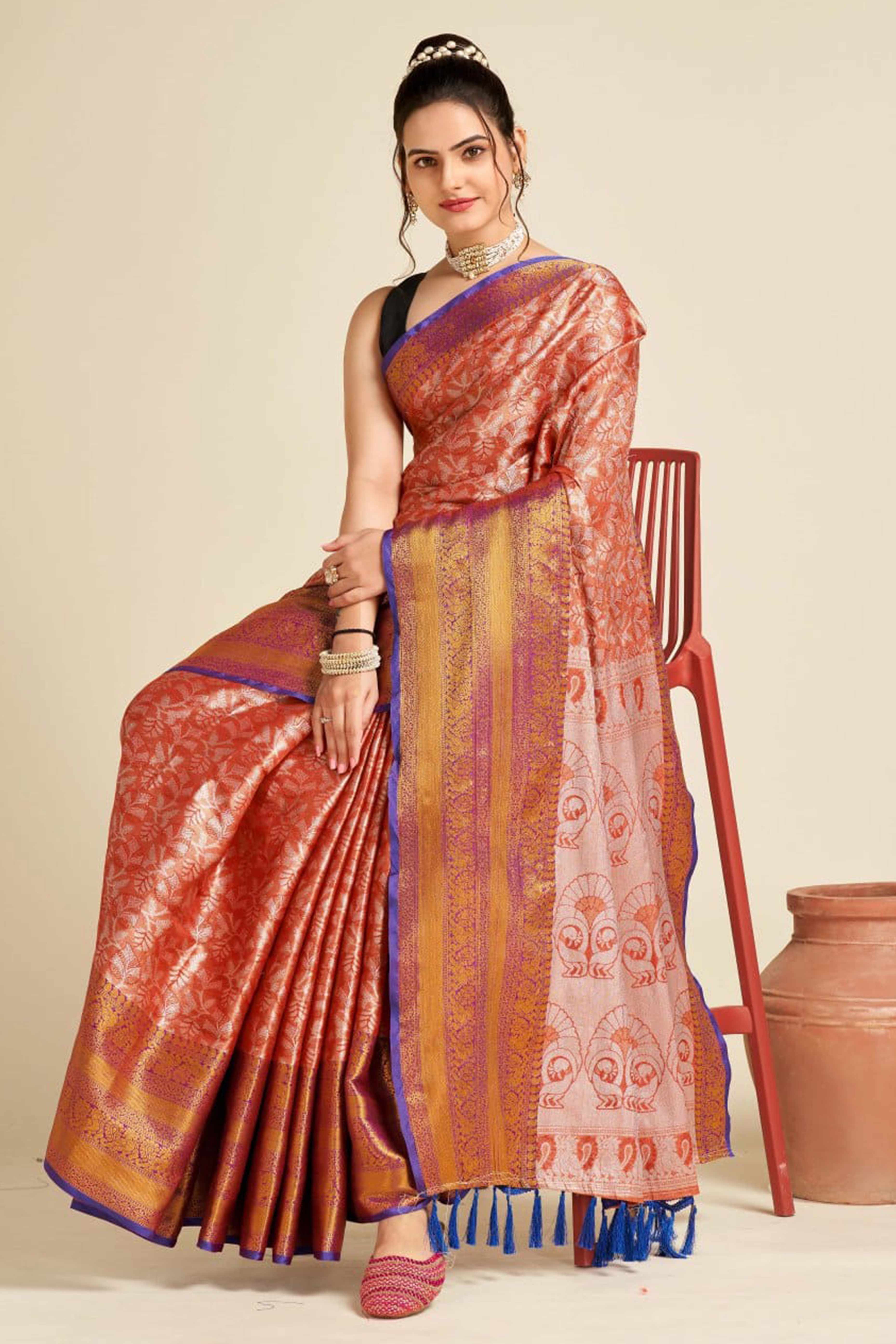 Orange Zari Weaving Banarasi Silk Saree - Image 4