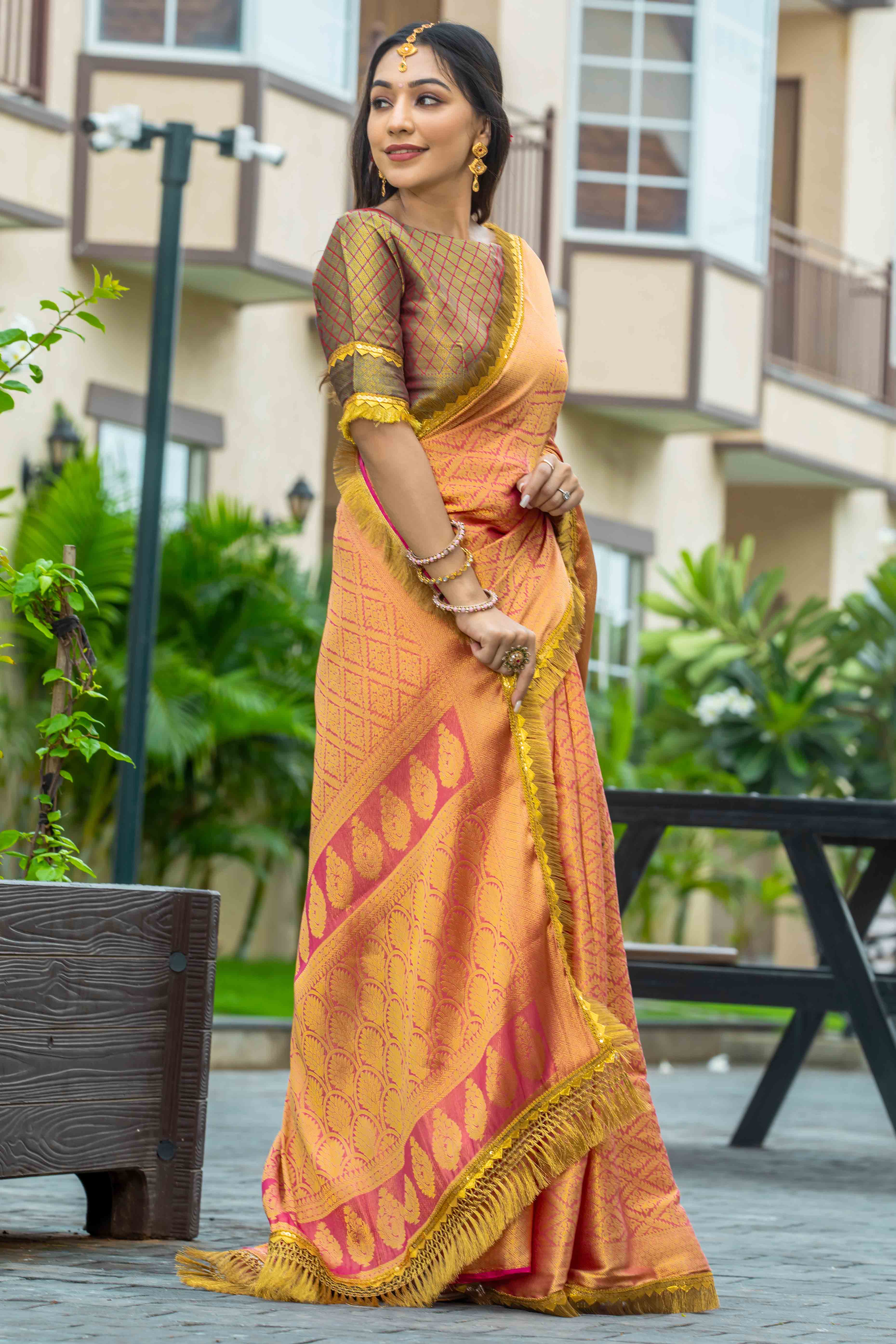 Orange Zari Weaving Mysore Brocade Silk Saree With Zari Border - Image 5