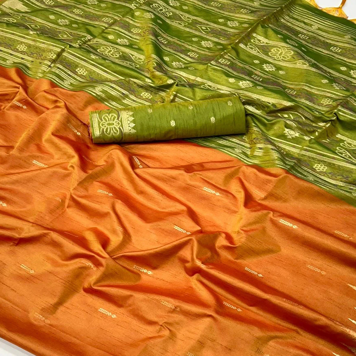Orange Zari Work Woven Tussar Silk Saree With Tassels - Image 2