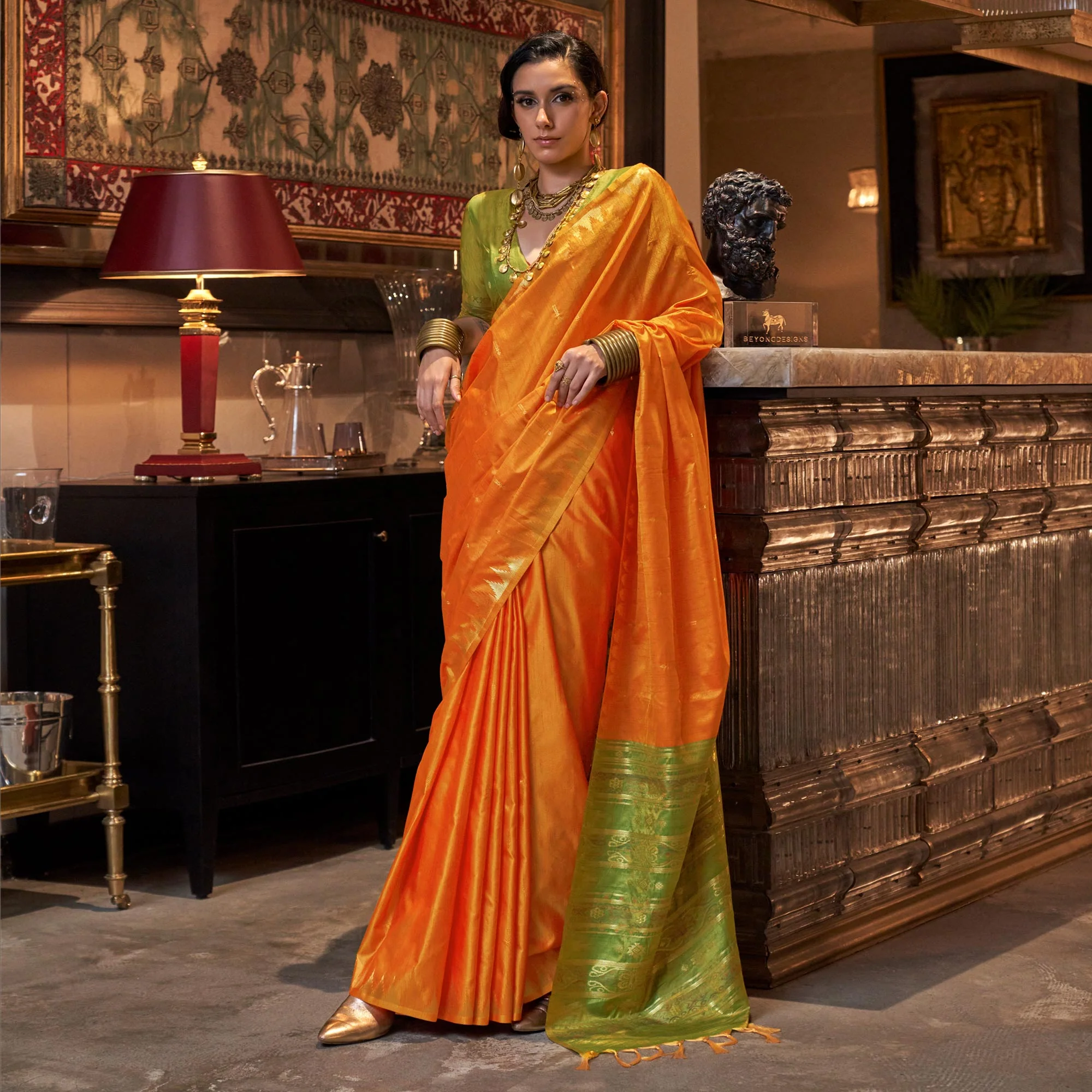 Orange Zari Work Woven Tussar Silk Saree With Tassels - Image 3