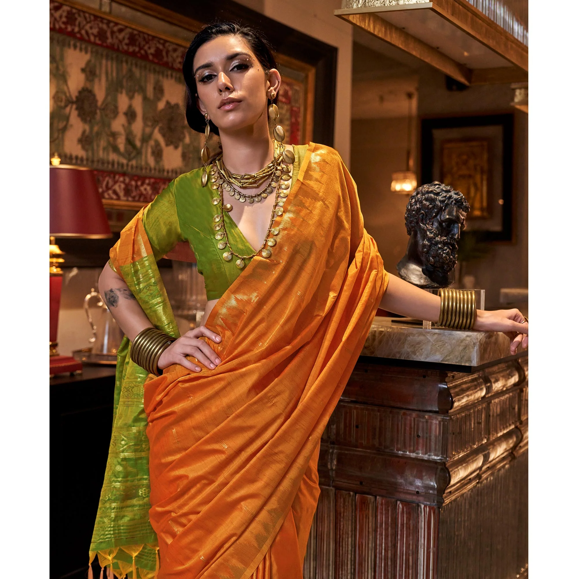 Orange Zari Work Woven Tussar Silk Saree With Tassels - Image 4