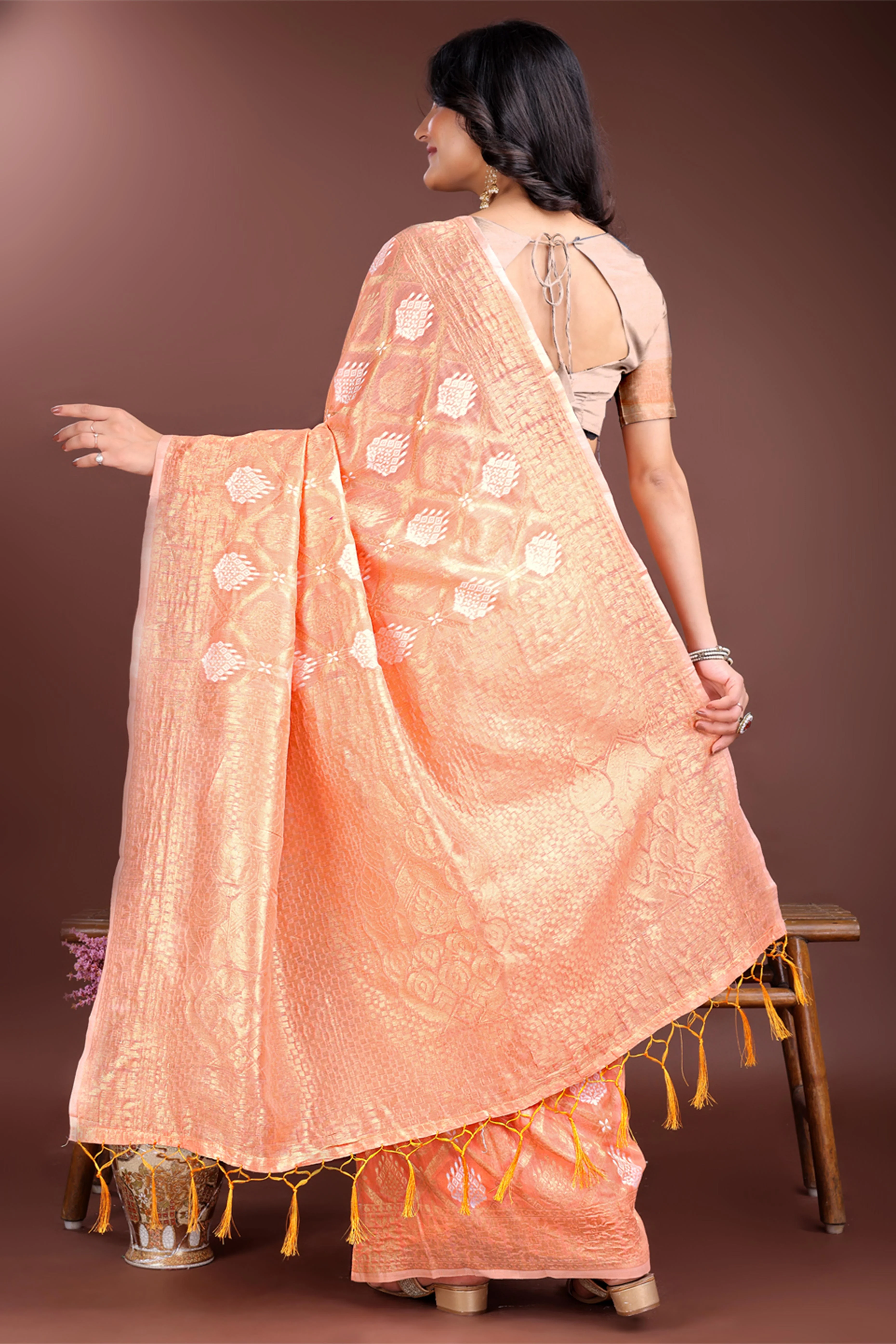Orange Zari Woven Linen Cotton Saree with Graceful Tassels - Image 5