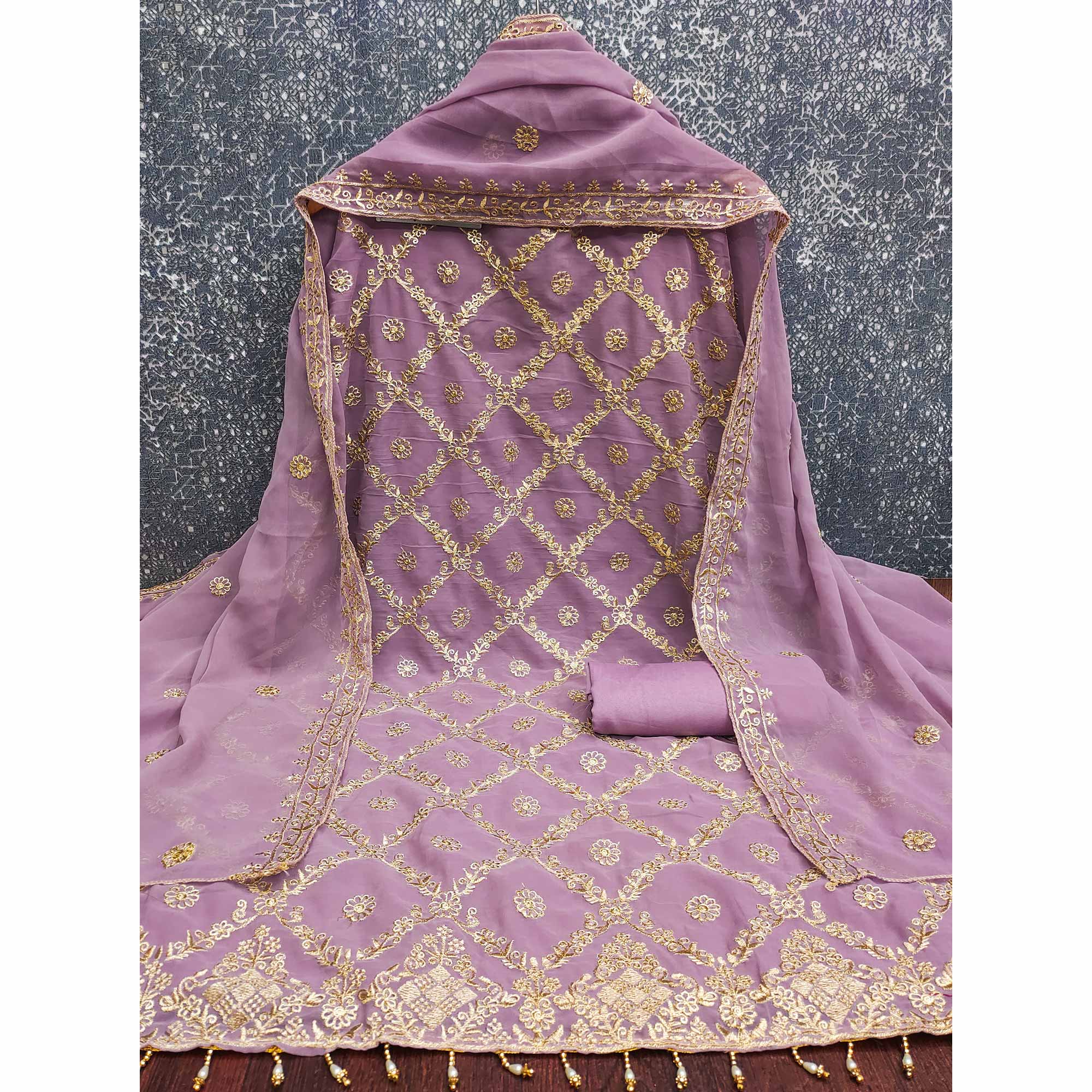 Orchid Purple Georgette Dress Material Adorned With Floral Zari Embroidery Work - Image 3