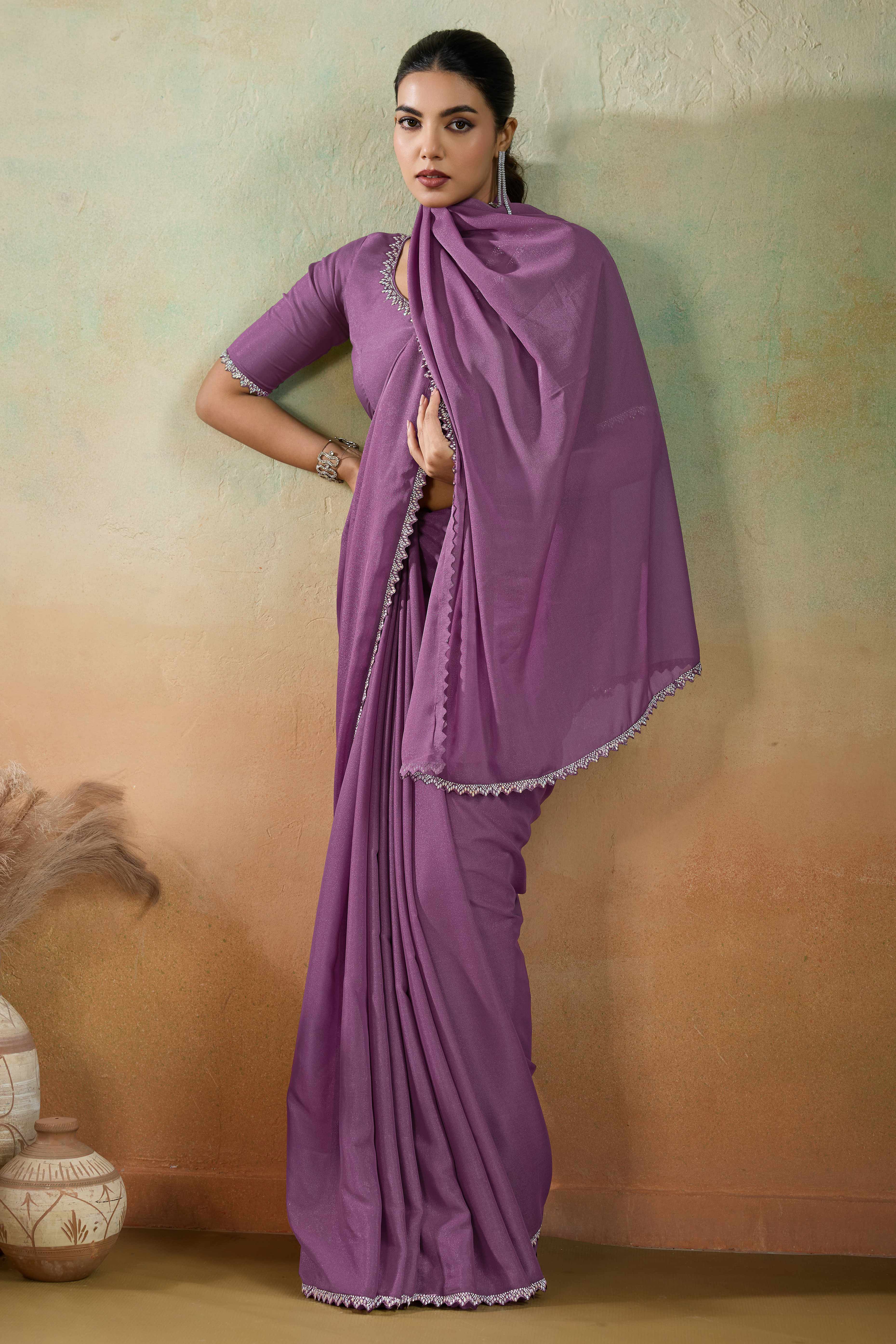 Orchid Purple Solid Matt Georgette Saree With Ceramic Embellished Lace Border - Image 3