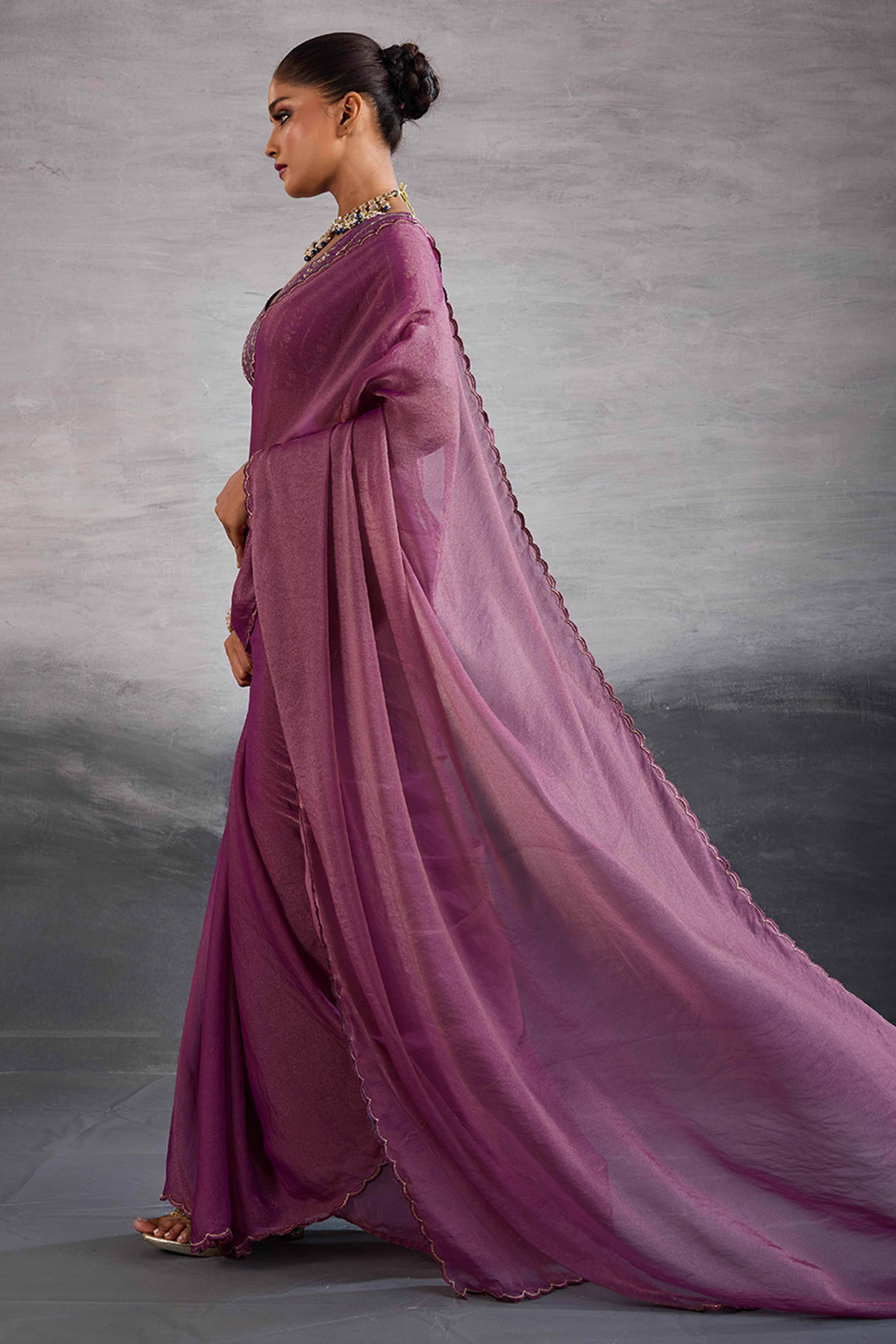 Orchid Purple Solid Organza Jimmy Choo Saree Accentuated With Elegant Cutwork Border Detailing - Image 3