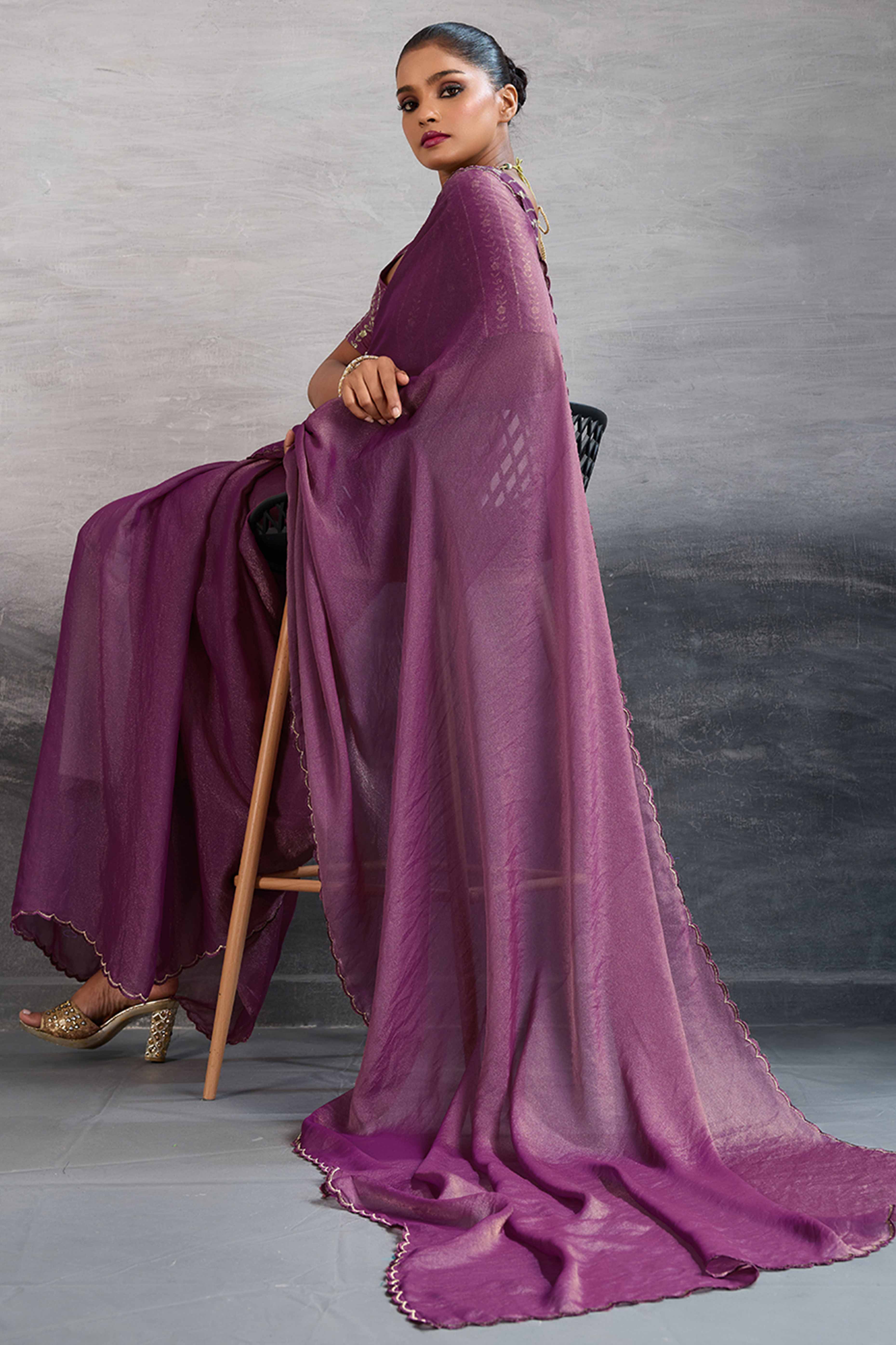 Orchid Purple Solid Organza Jimmy Choo Saree Accentuated With Elegant Cutwork Border Detailing - Image 5