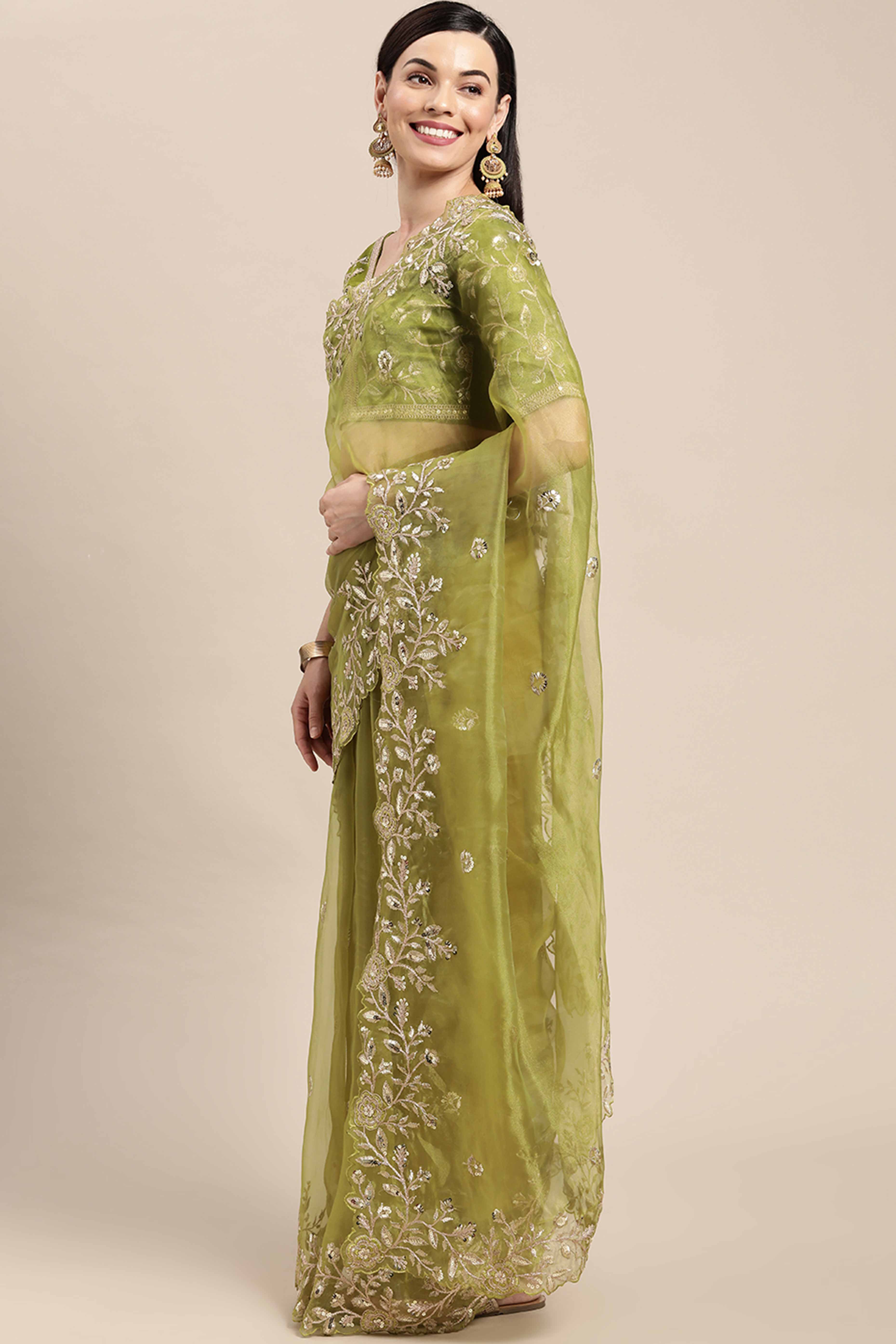 Organza Partywear Saree in Mehendi Green with Floral Embroidery - Image 4