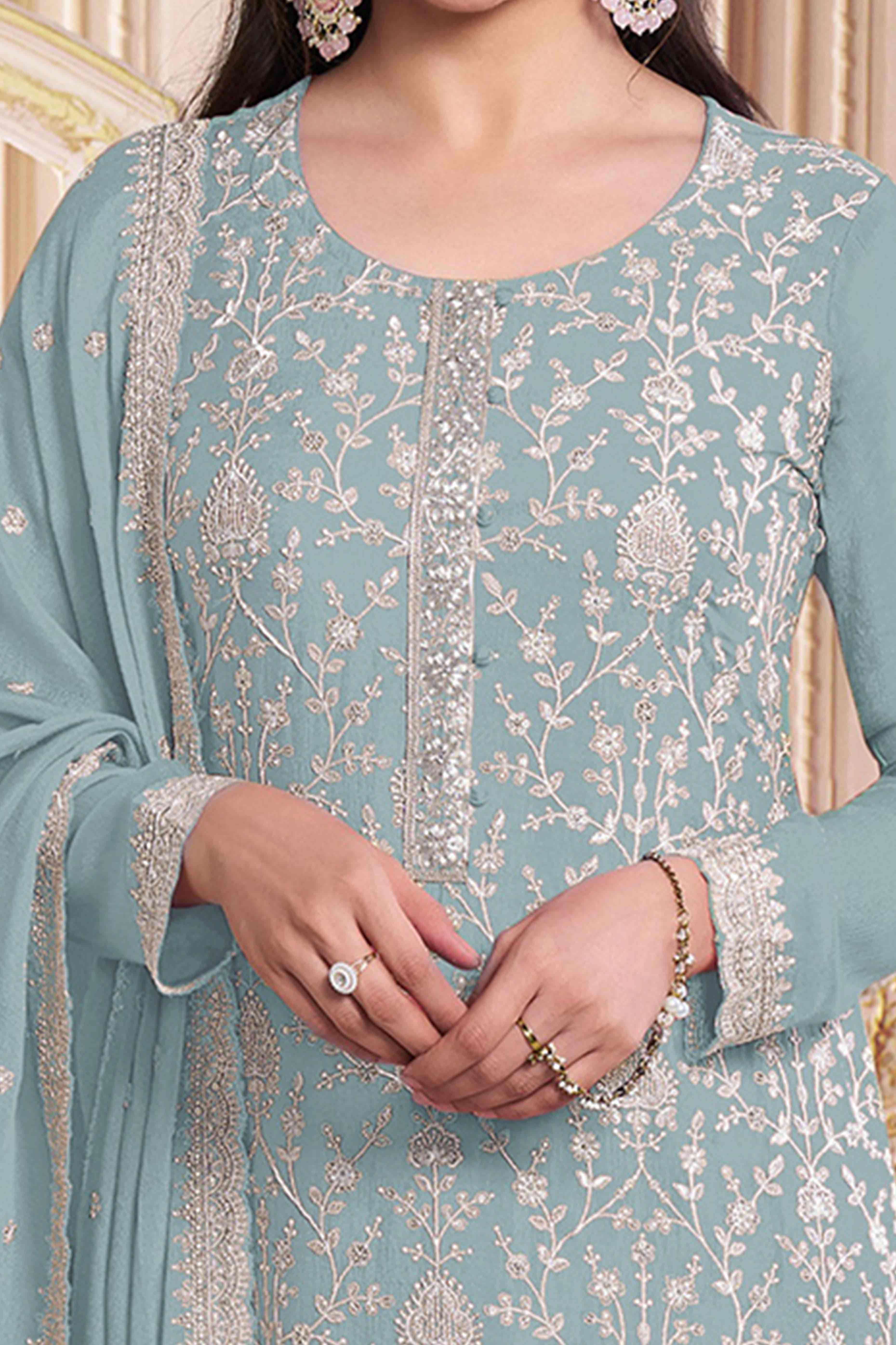 Pale Blue Floral Sequins Embroidery Georgette Semi Stitched Salwar Suit - Image 2