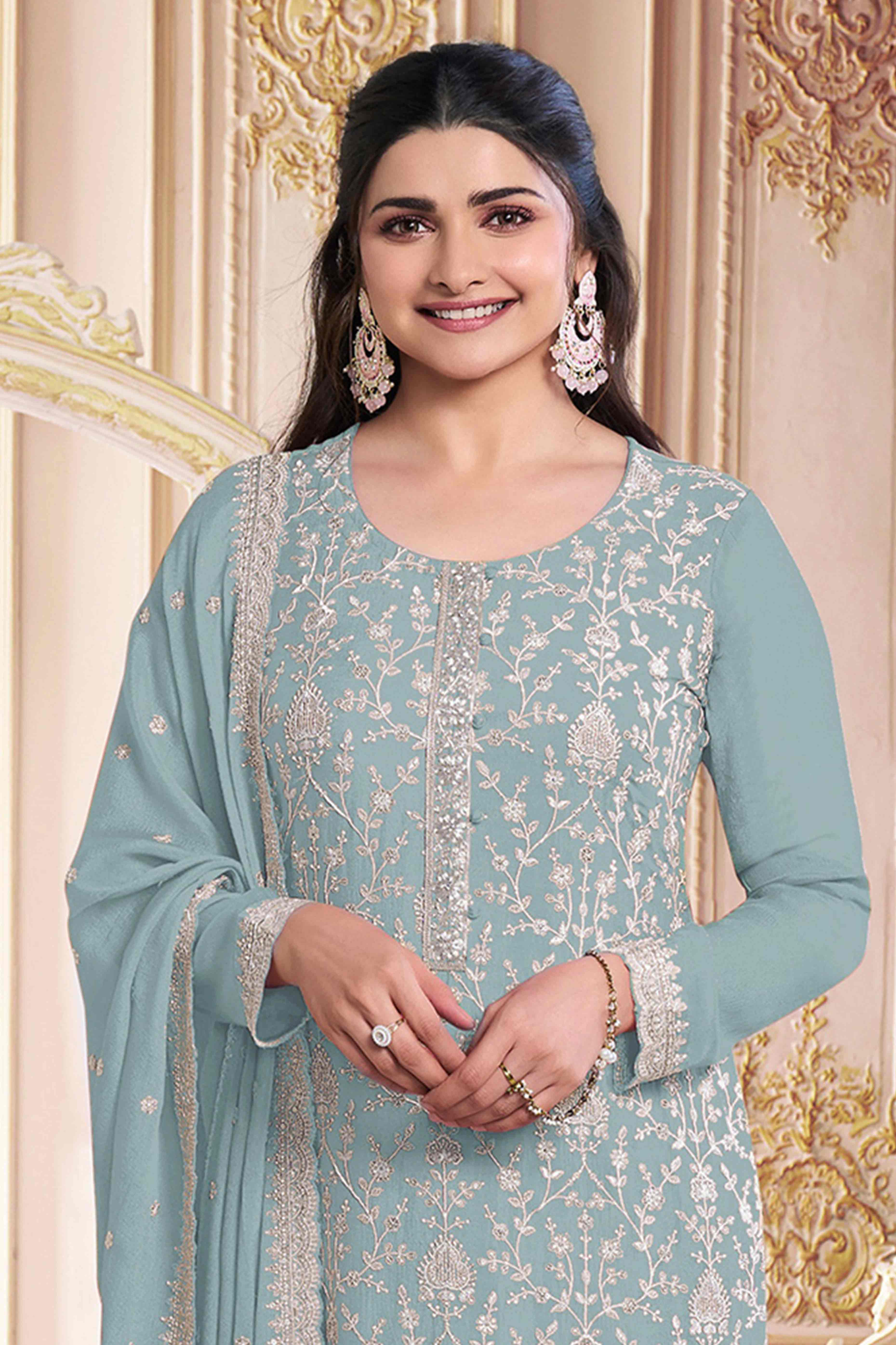Pale Blue Floral Sequins Embroidery Georgette Semi Stitched Salwar Suit - Image 3