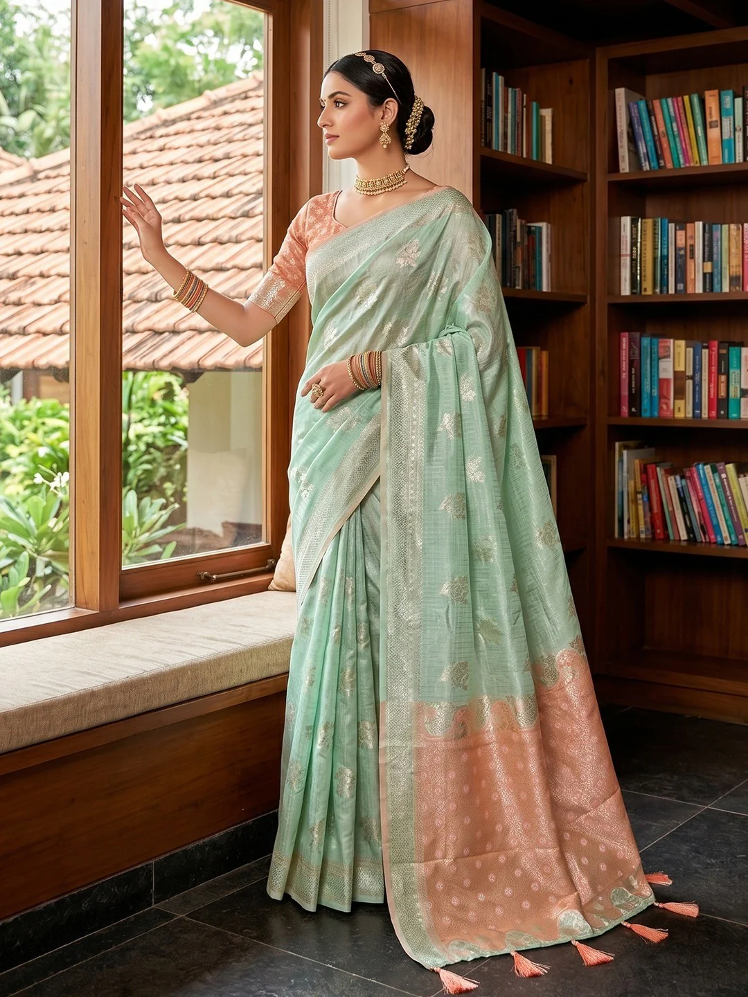 Pale Rama Green Cotton Silk Saree with Traditional Golden Zari Border - Image 3