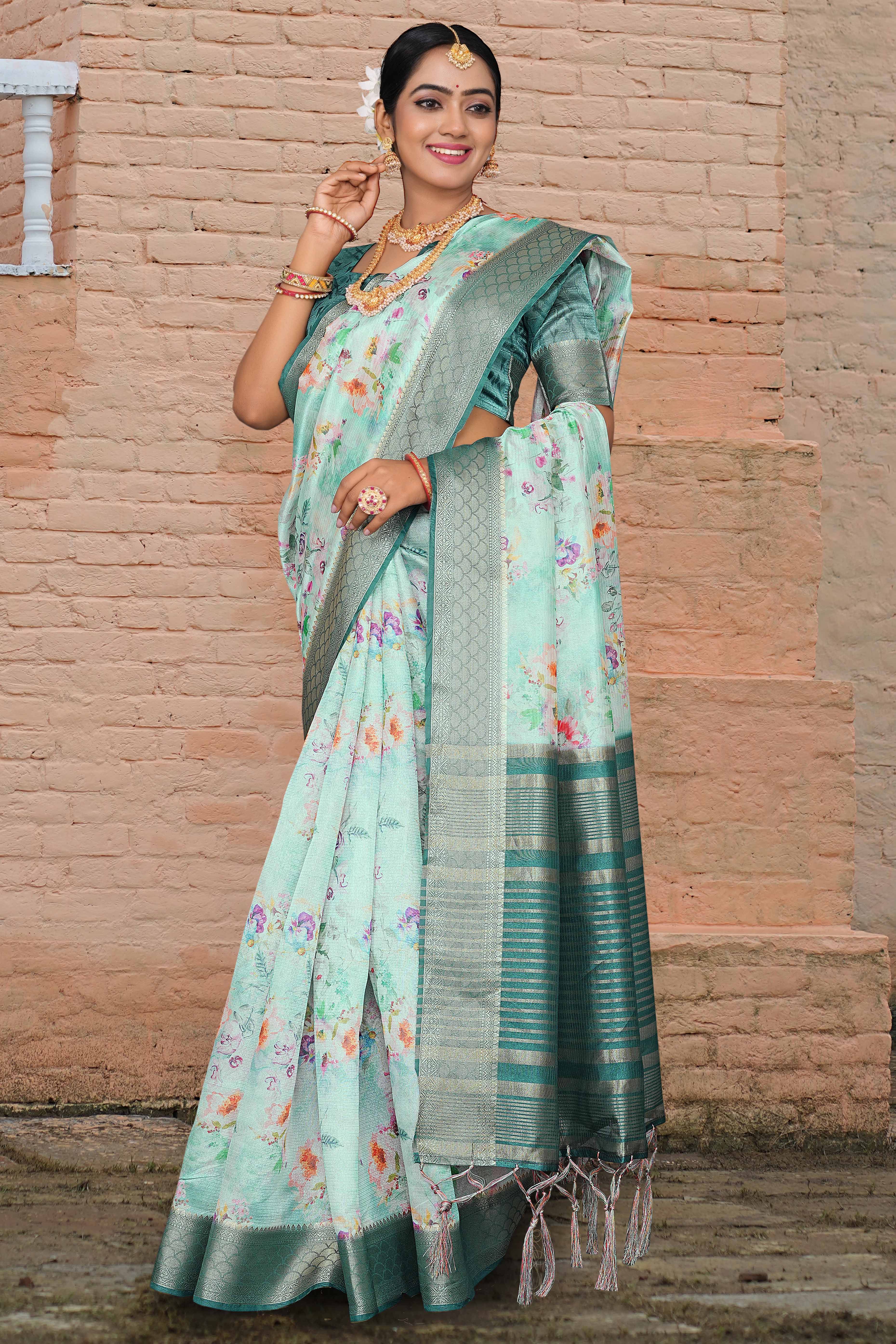 Pale Turquoise Floral Digital Printed Silk Blend Saree With Intricate Weaving Border & Tassel Pallu - Image 3