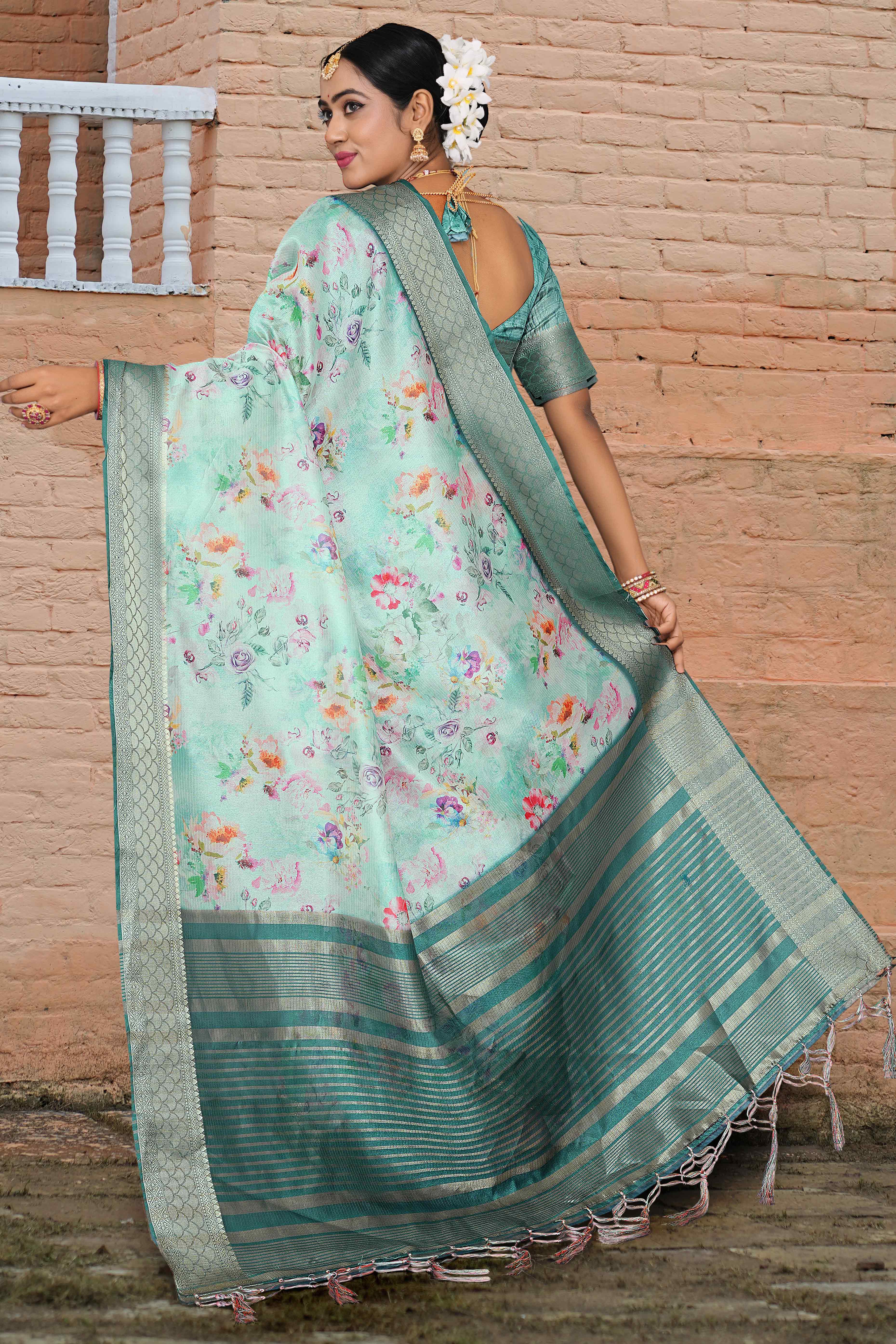 Pale Turquoise Floral Digital Printed Silk Blend Saree With Intricate Weaving Border & Tassel Pallu - Image 4