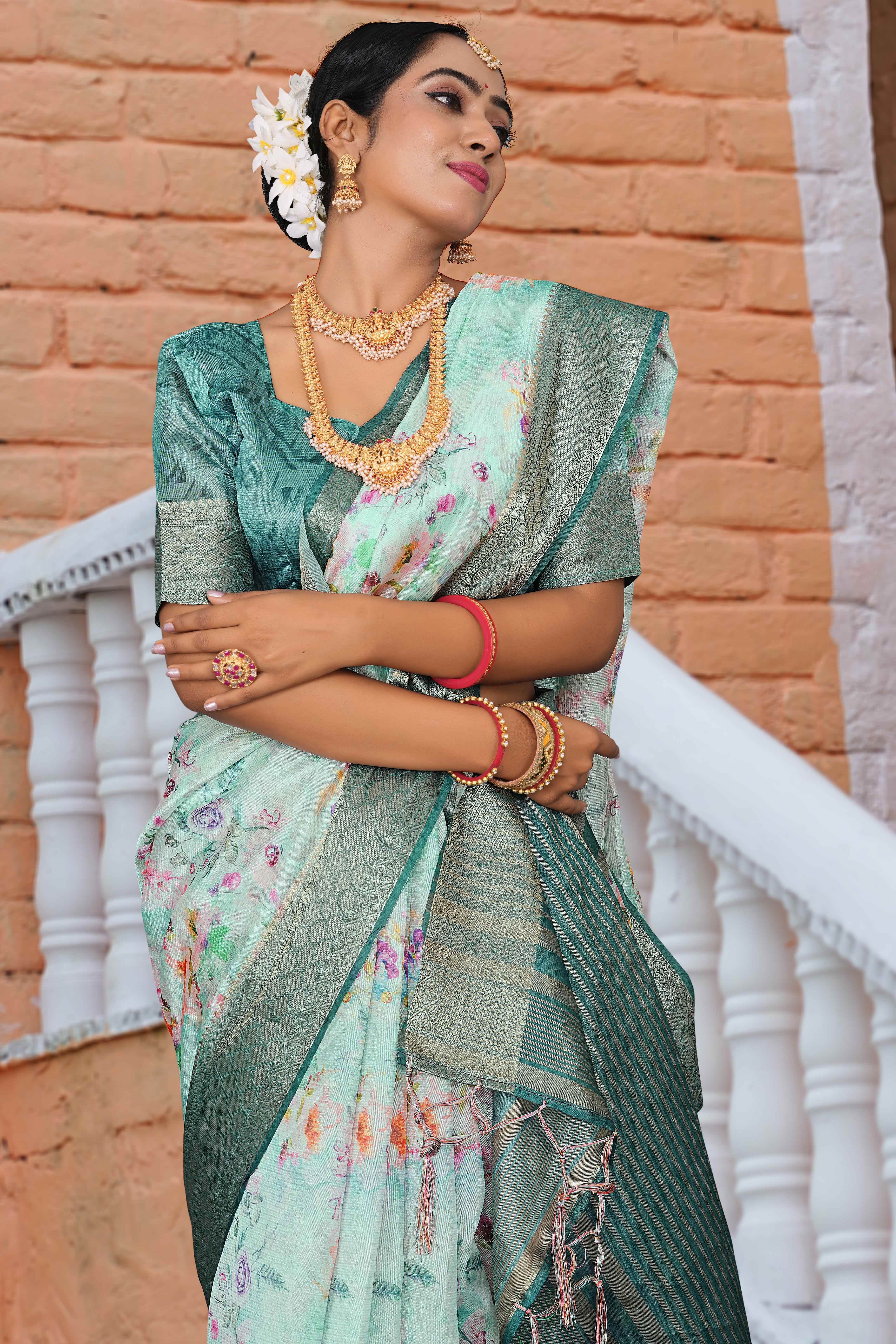 Pale Turquoise Floral Digital Printed Silk Blend Saree With Intricate Weaving Border & Tassel Pallu - Image 5