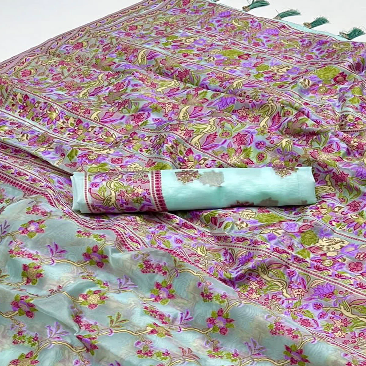 Pale Turquoise Parsi Woven Organza Saree - Image 2