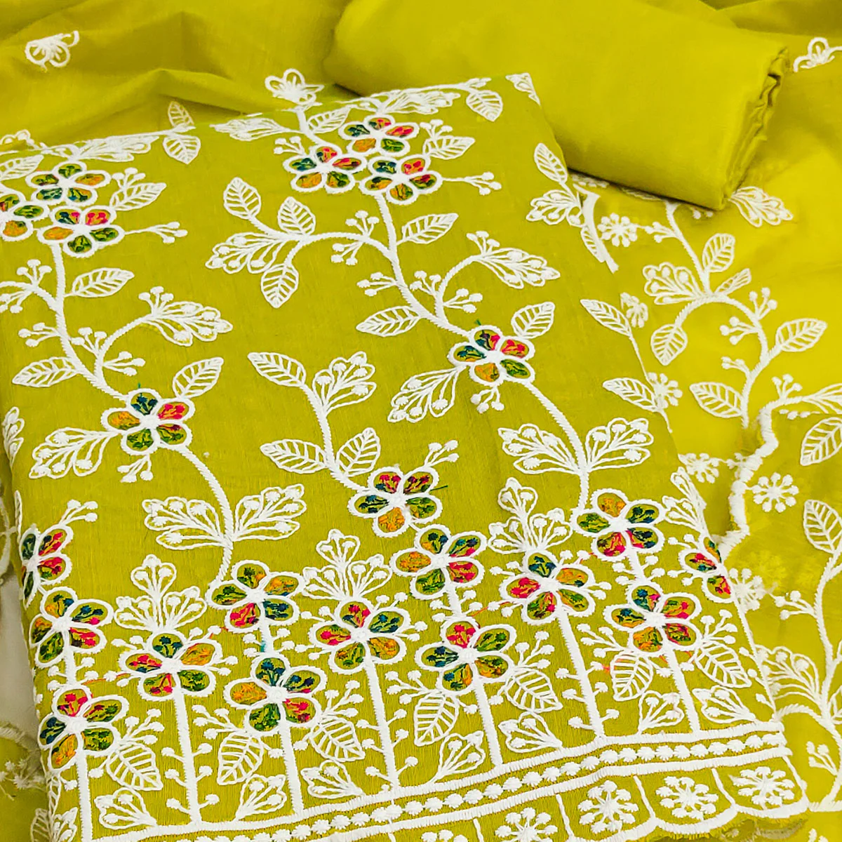 Parrot Green Chanderi Cotton Dress Material Adorned With Elegant Floral Thread Embroidery Work - Image 2