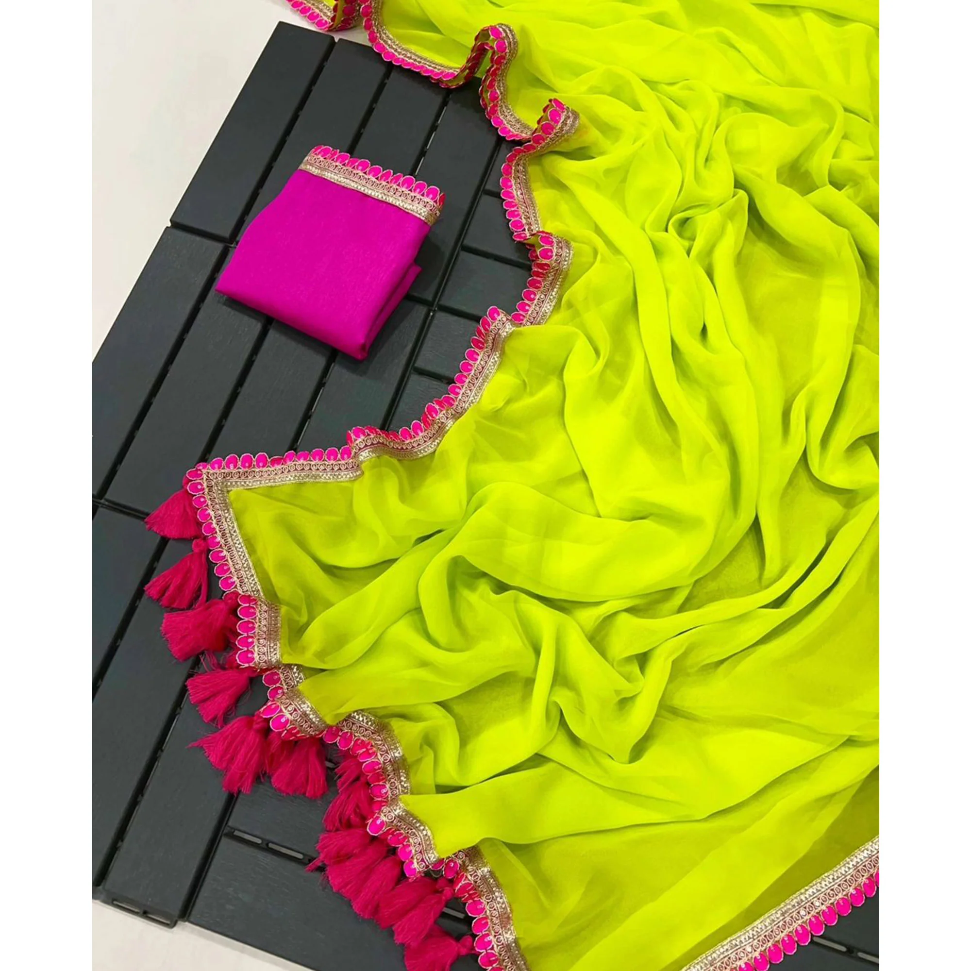 Parrot Green Embroidered Georgette Saree - Image 4