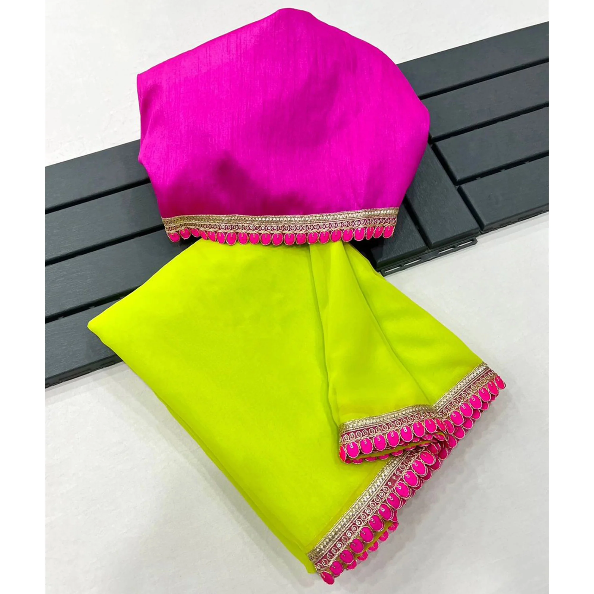 Parrot Green Embroidered Georgette Saree - Image 5