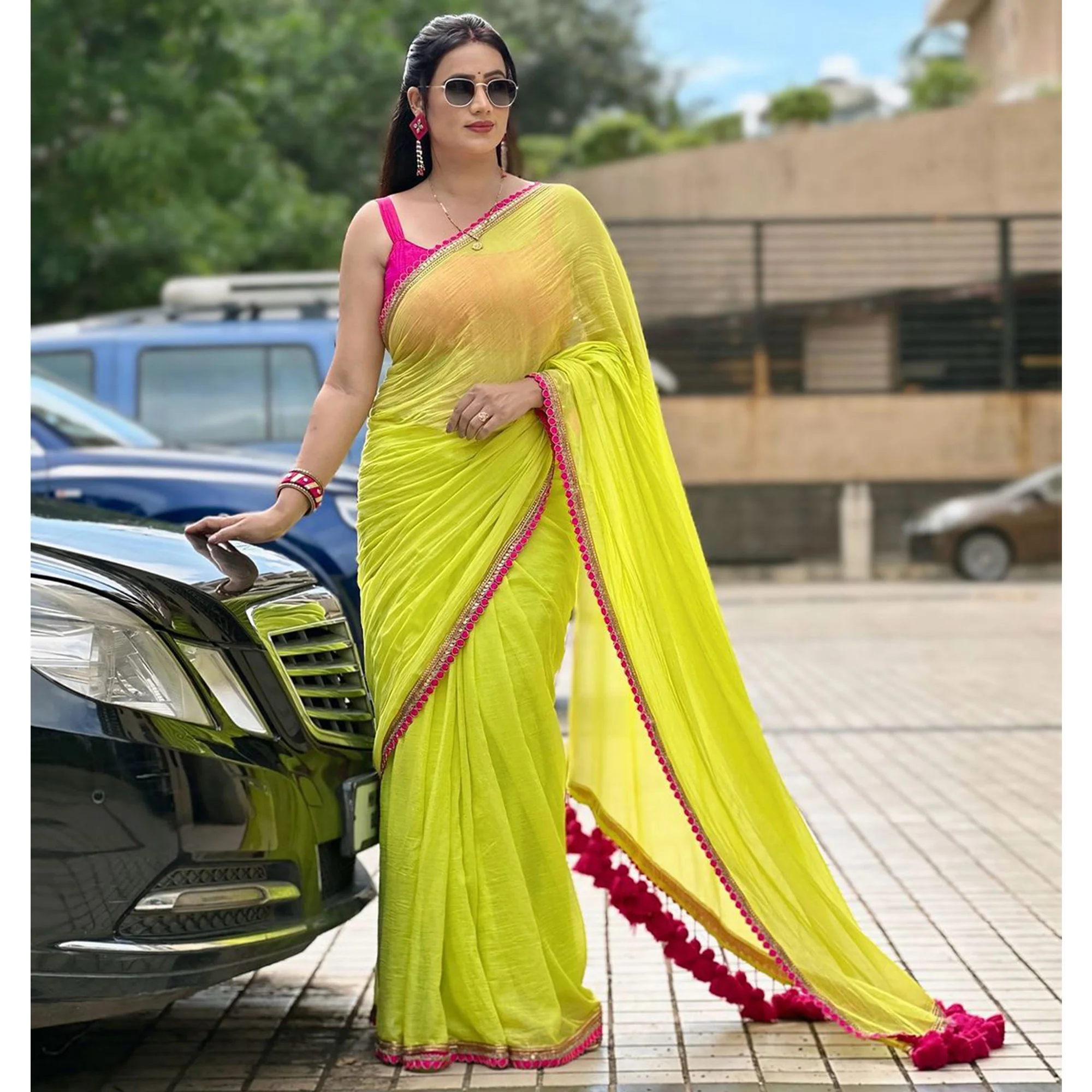 Parrot Green Embroidered Georgette Saree - Image 6