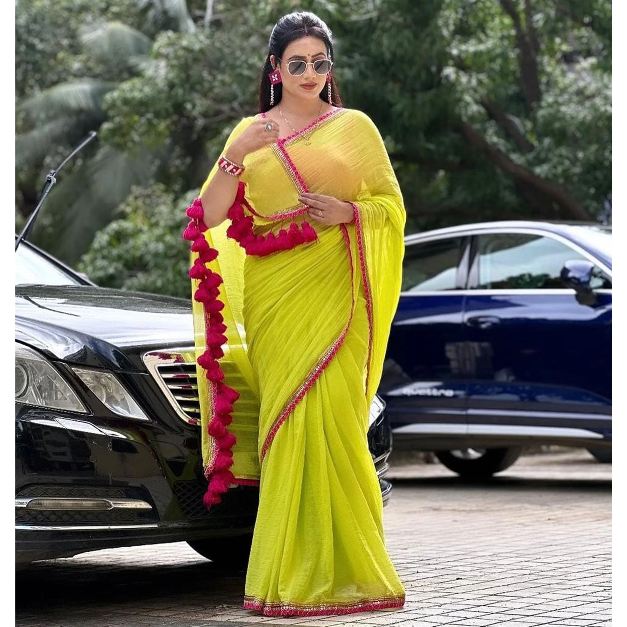 Parrot Green Embroidered Georgette Saree - Image 7