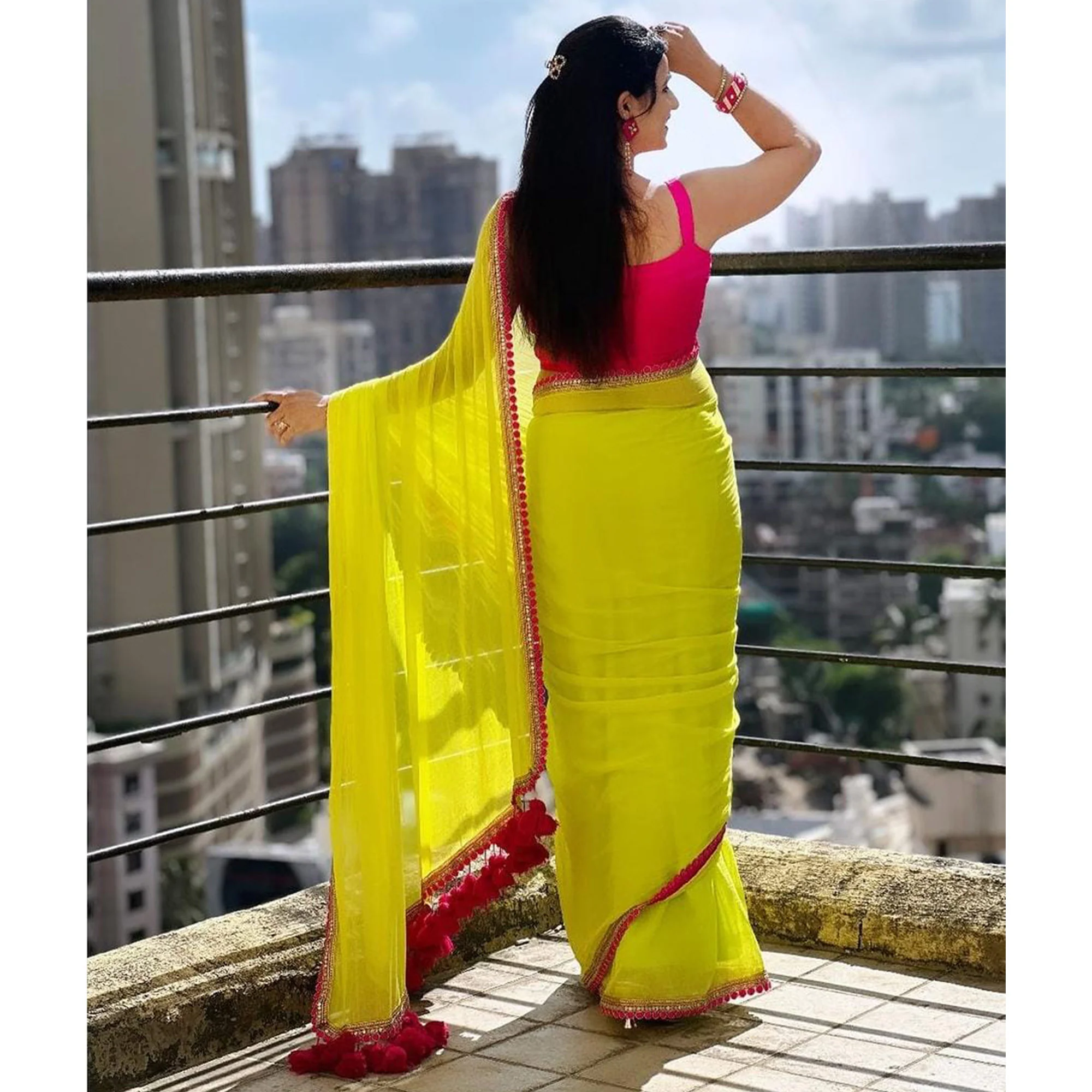 Parrot Green Embroidered Georgette Saree - Image 8