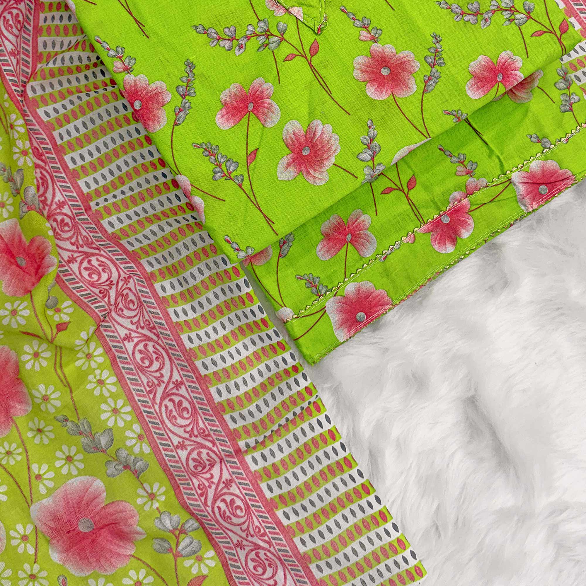 Parrot Green Floral Printed Pure Cotton Dress Material With Stylish Tie Neck & Fancy Button Work - Image 5
