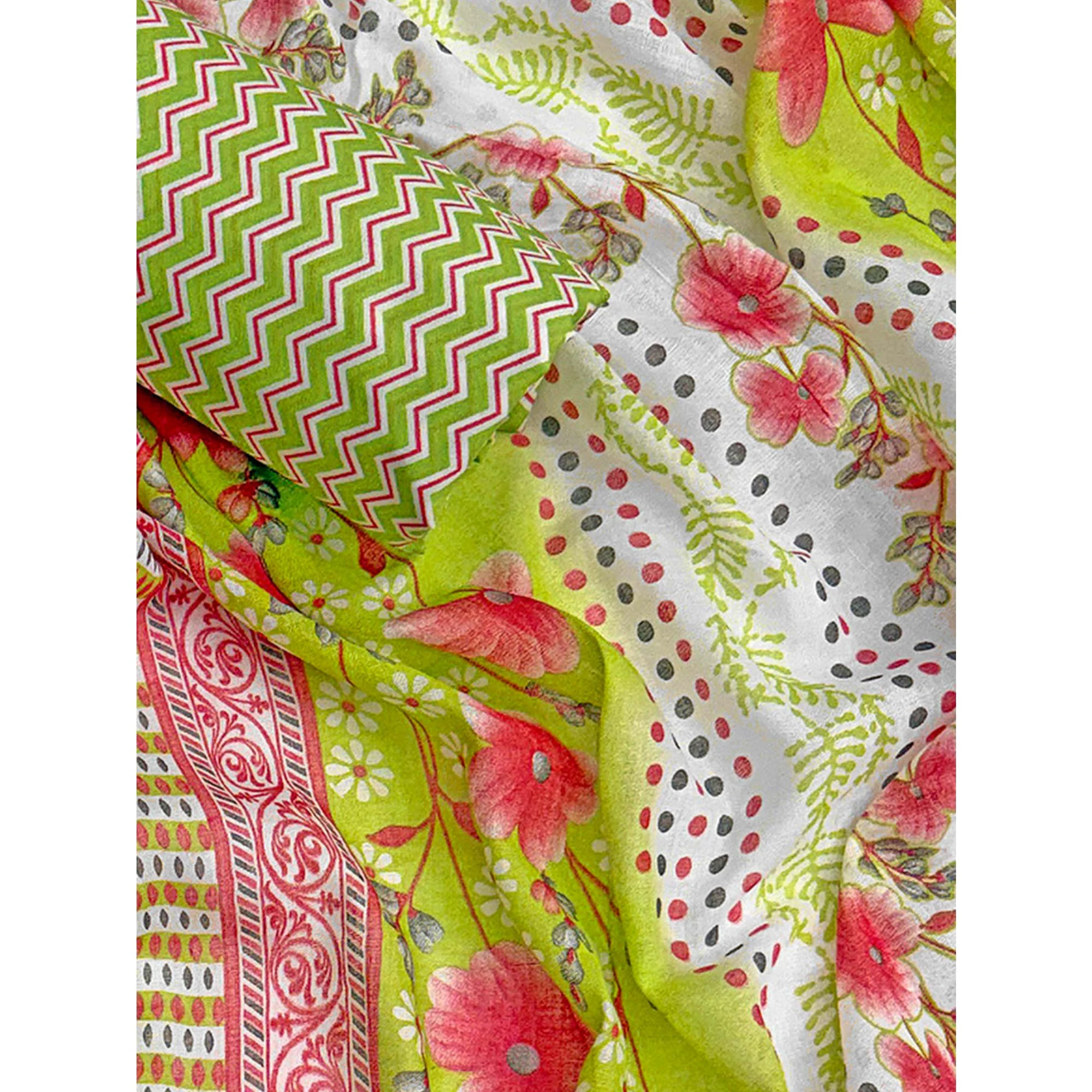 Parrot Green Floral Printed Pure Cotton Dress Material With Stylish Tie Neck & Fancy Button Work - Image 6