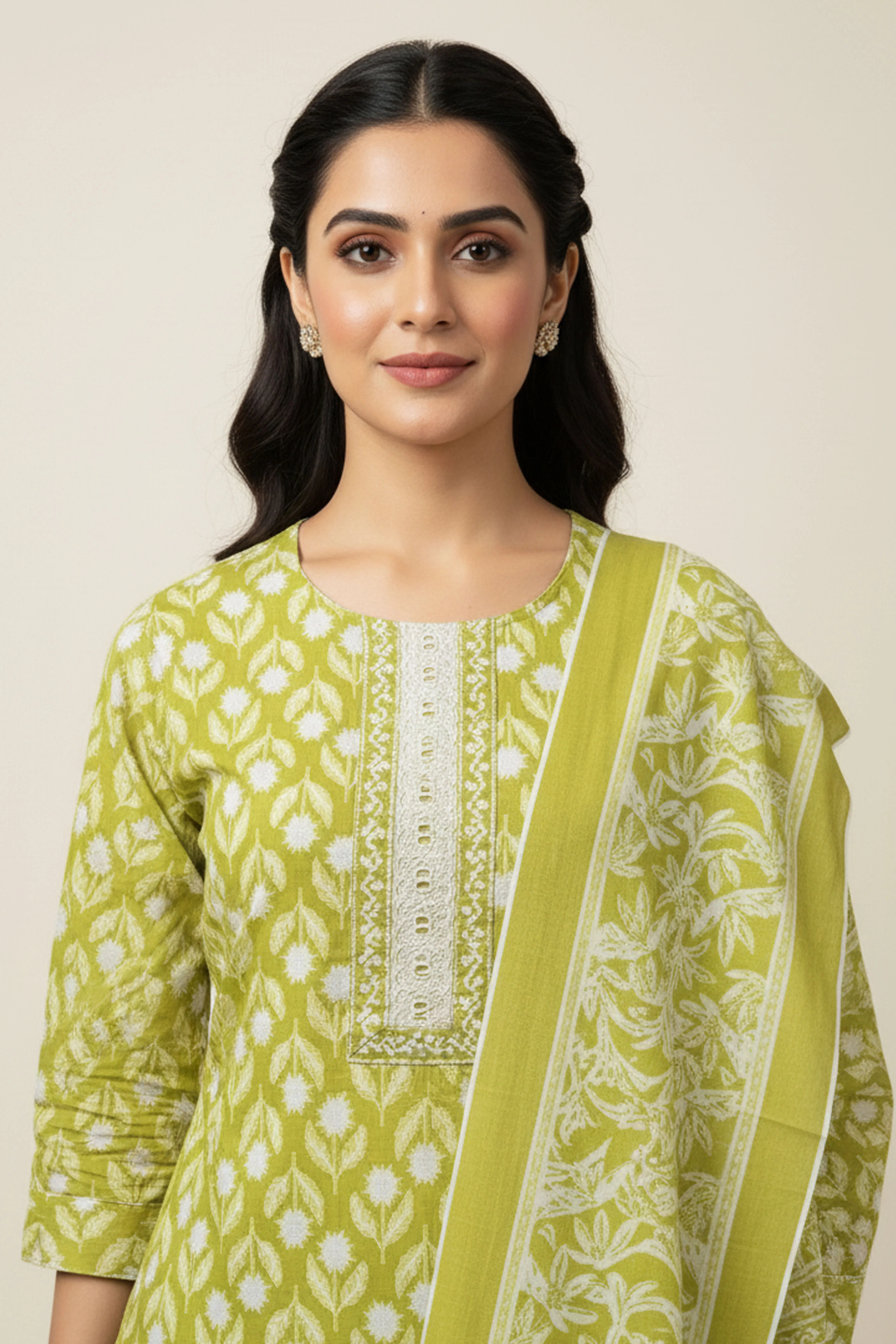 Parrot Green Floral Printed Pure Cotton Straight Cut Salwar Suit - Image 4