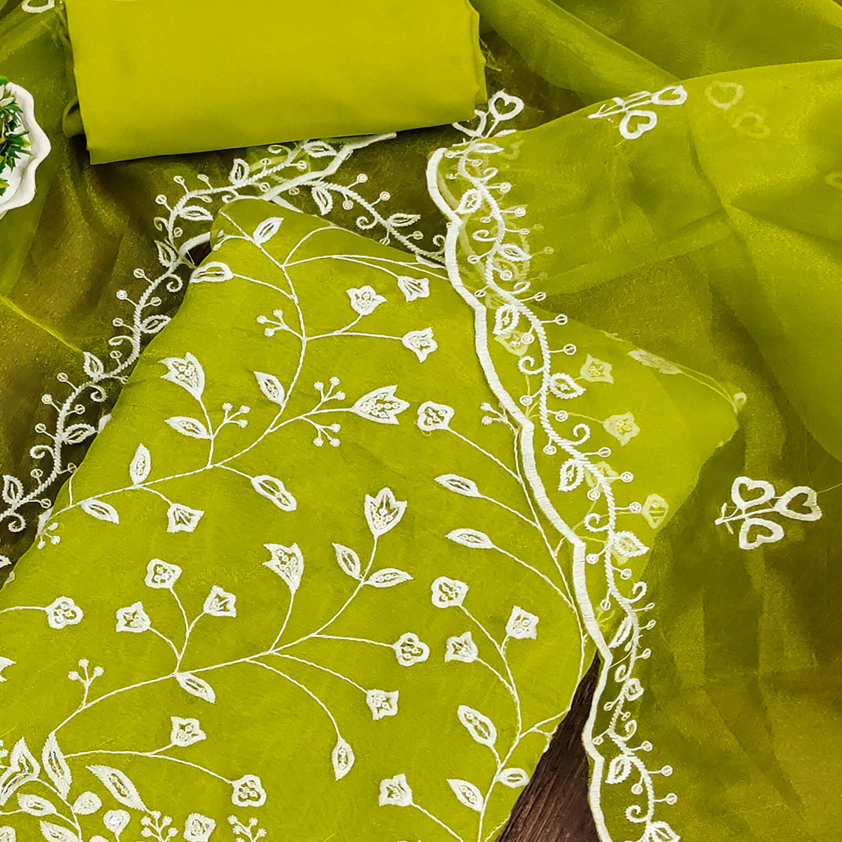 Parrot Green Floral Sequins Embroidered Organza Dress Material - Image 2