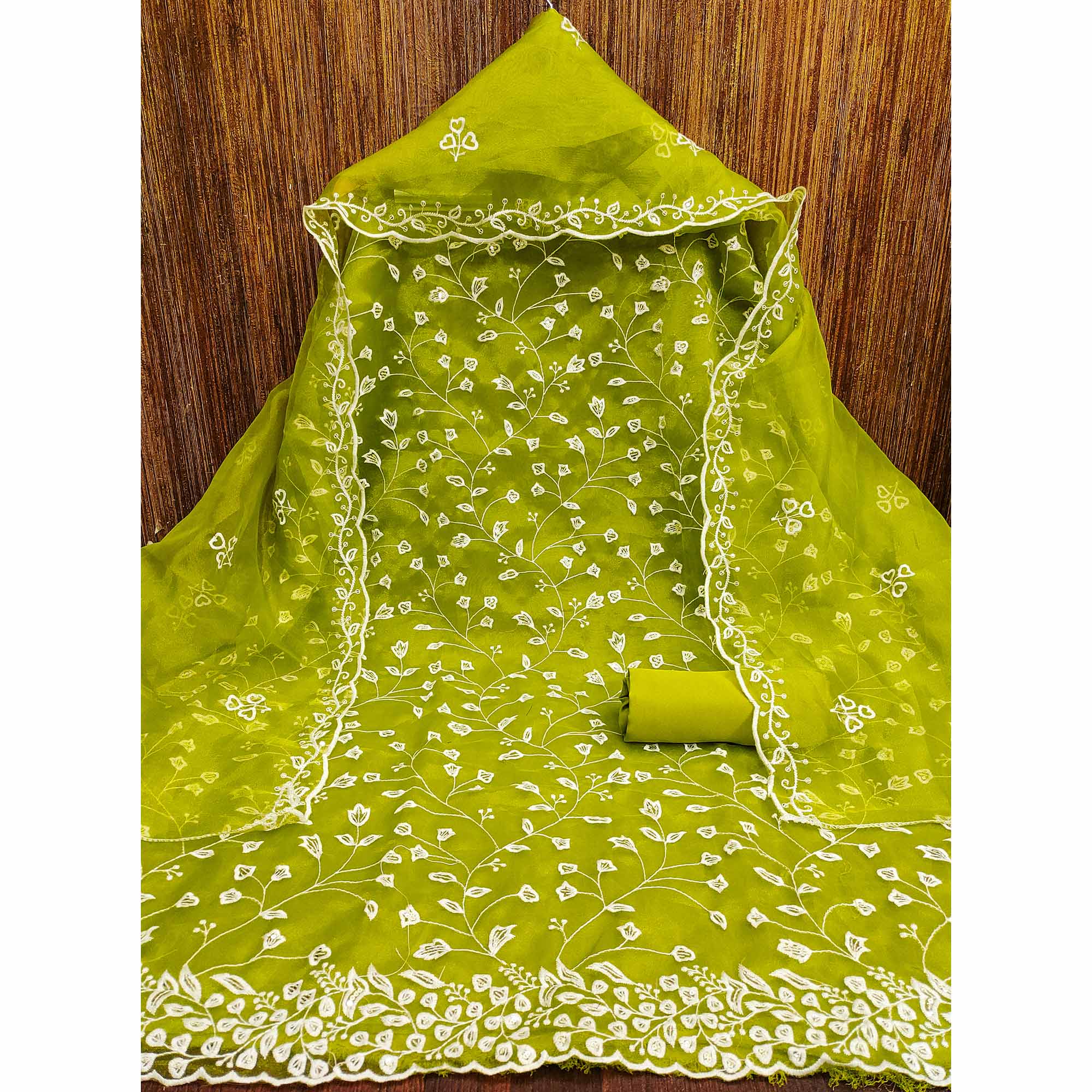 Parrot Green Floral Sequins Embroidered Organza Dress Material - Image 4