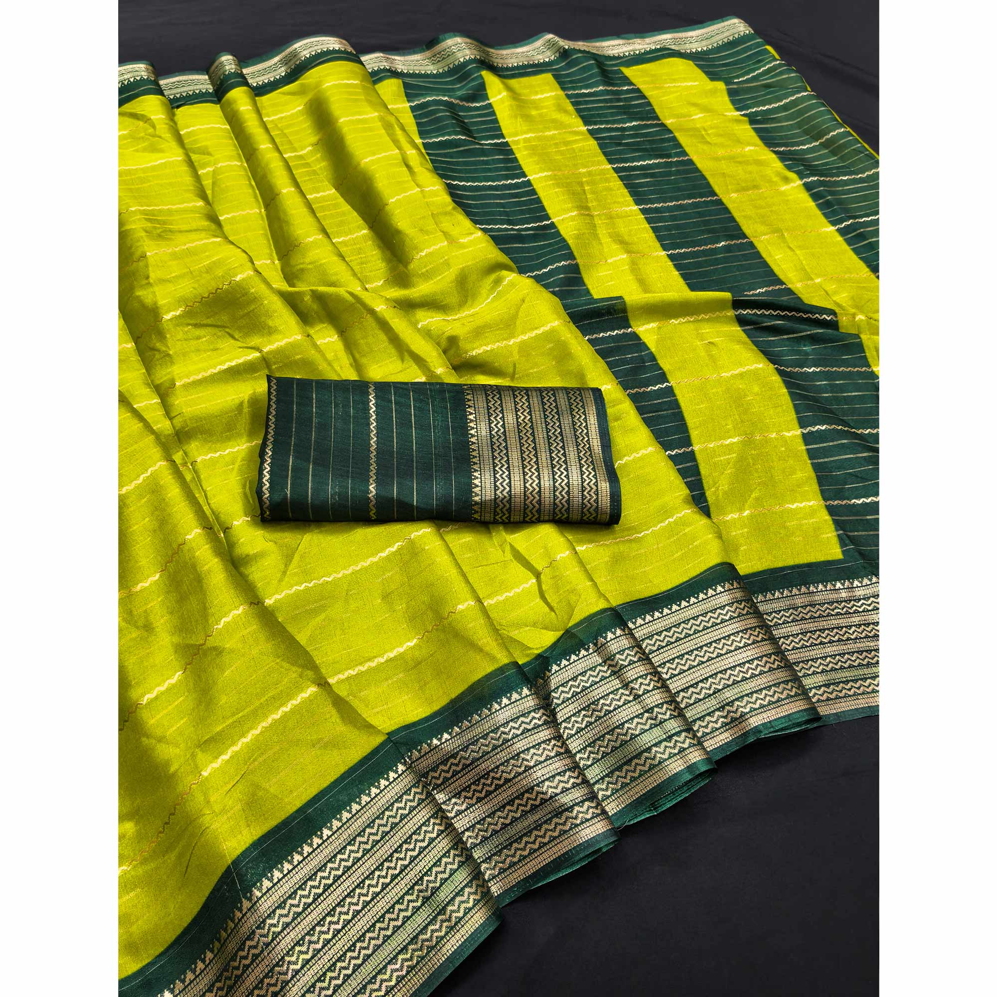 Parrot Green Jacquard Saree With Contemporary Striped Pattern Accented By Rich Zari Weaving - Image 3
