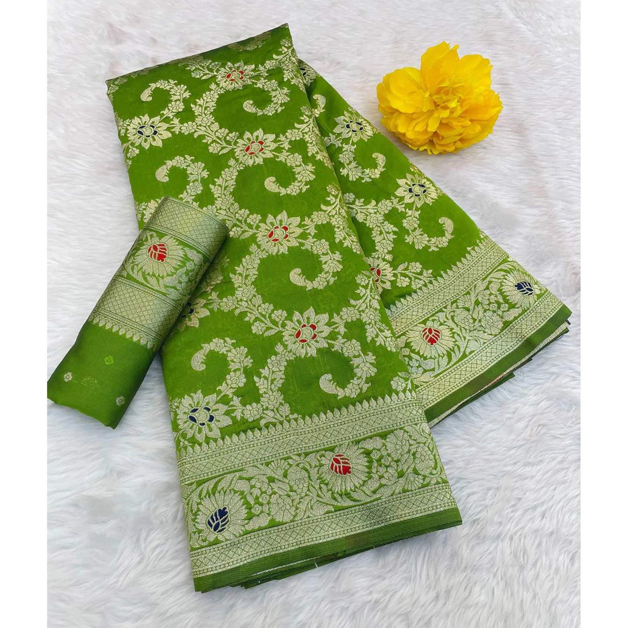 Parrot Green Pure Silk Drape Featuring Traditional Heavy Zari Weaving for a Royal Look - Image 3
