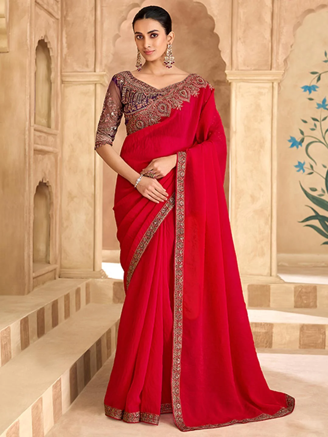 Party Perfect Crimson Red Georgette Saree with Shimmering Sequin and Thread Embroidery