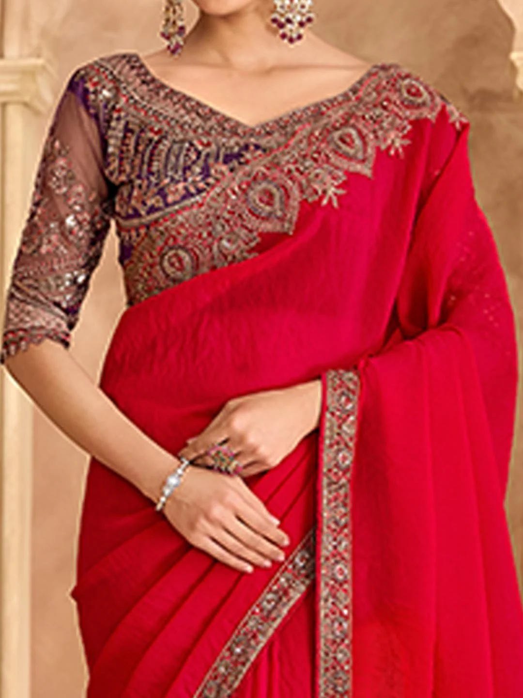 Party Perfect Crimson Red Georgette Saree with Shimmering Sequin and Thread Embroidery - Image 5