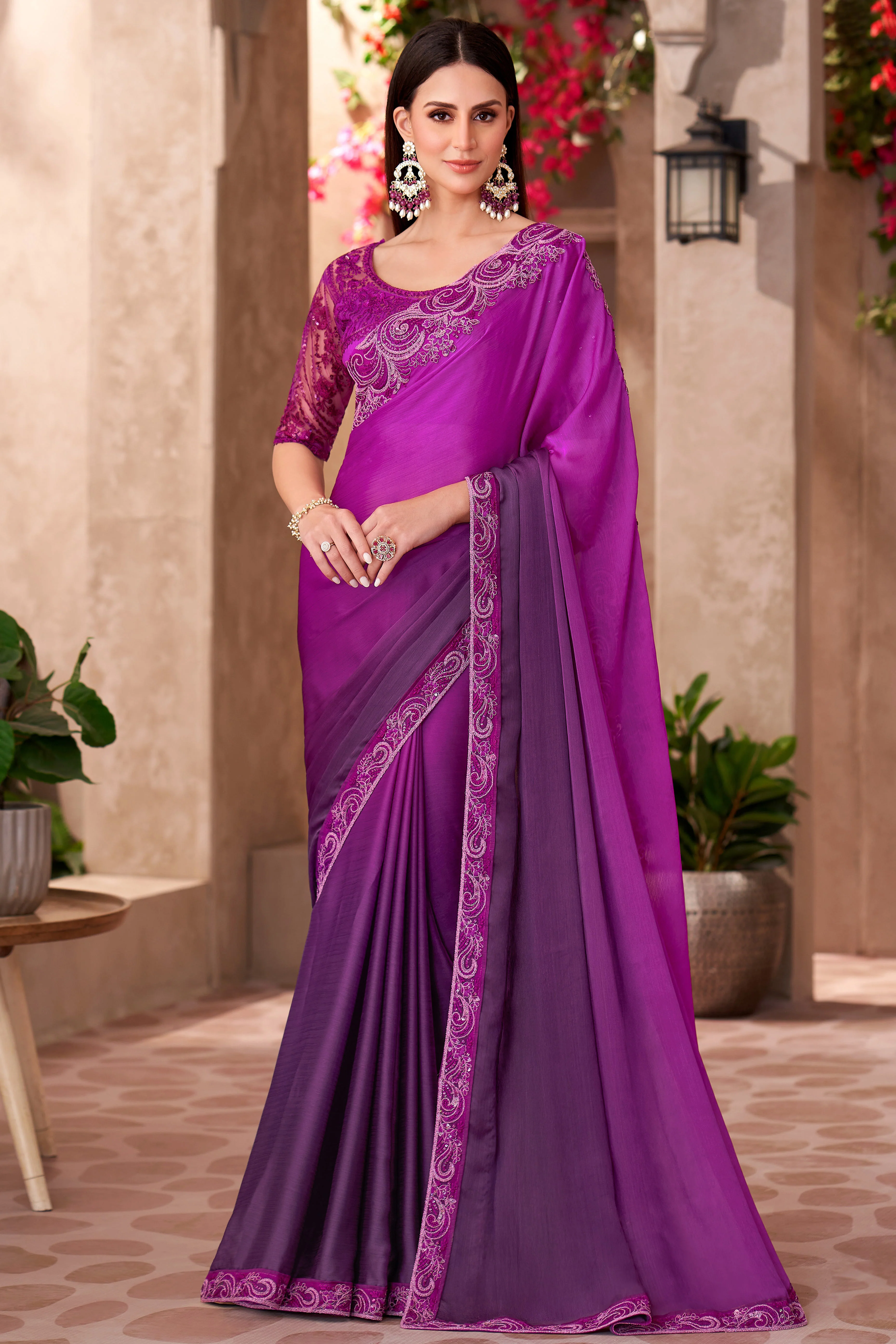 Party Perfect Magenta Chiffon Saree with Shimmering Sequin and Thread Embroidery