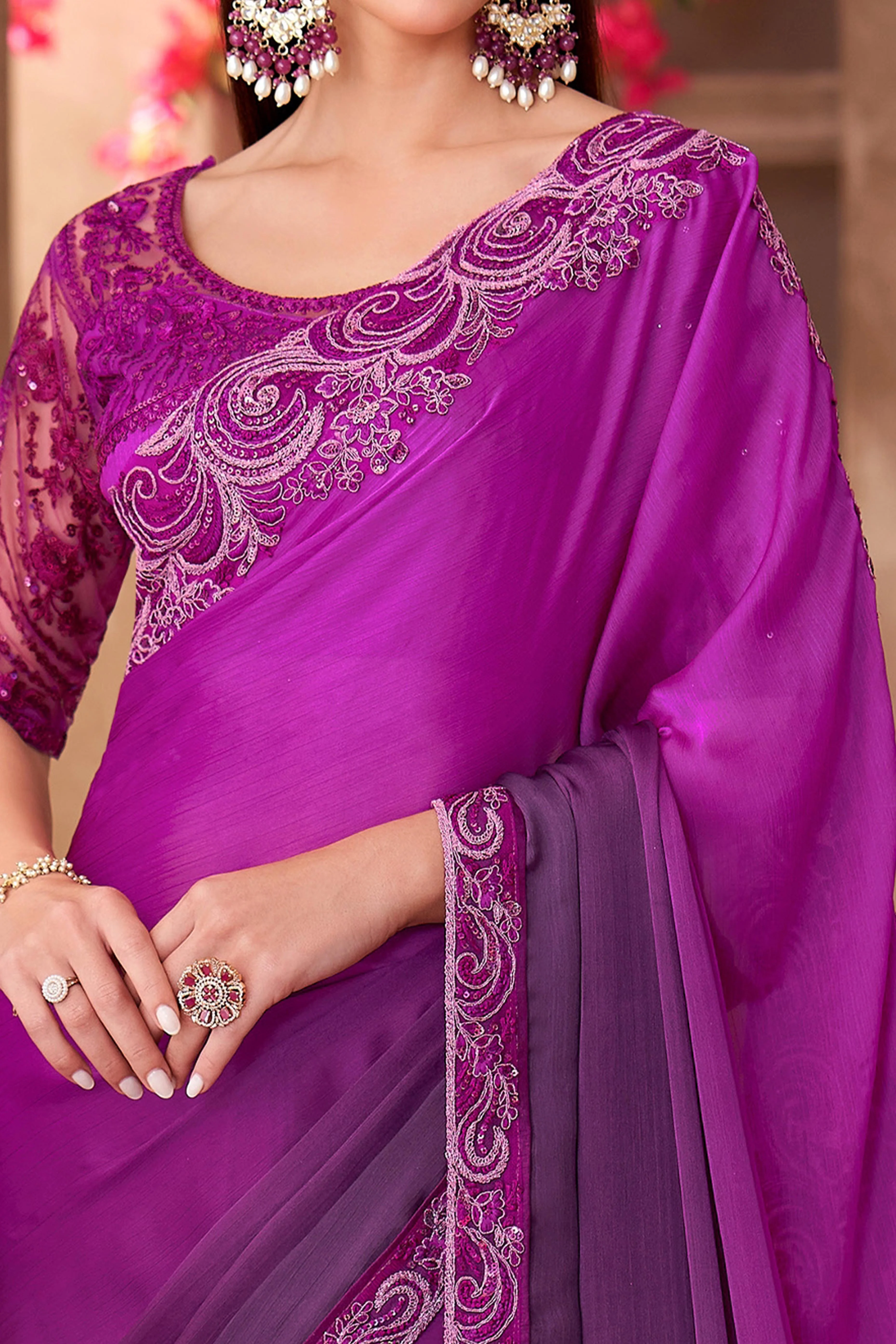 Party Perfect Magenta Chiffon Saree with Shimmering Sequin and Thread Embroidery - Image 2