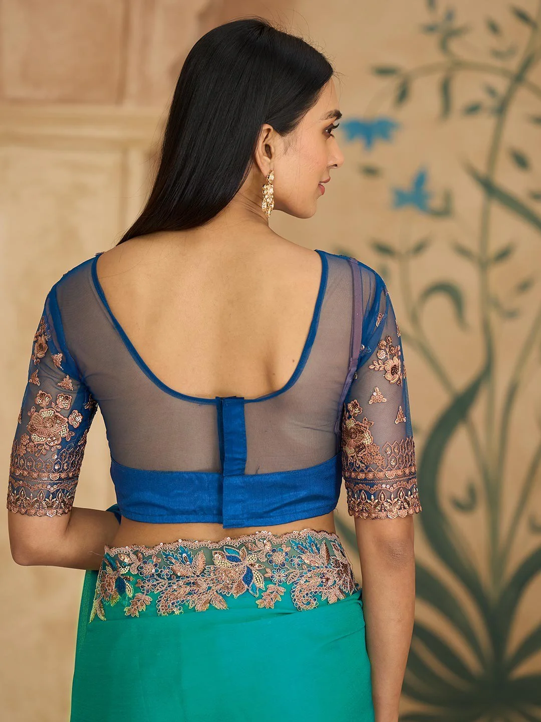 Party Perfect Morpich Green Chiffon Saree with Shimmering Sequin and Thread Embroidery - Image 2