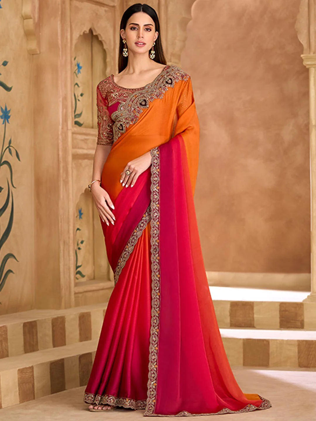 Party Perfect Orange Chiffon Saree with Shimmering Sequin and Thread Embroidery