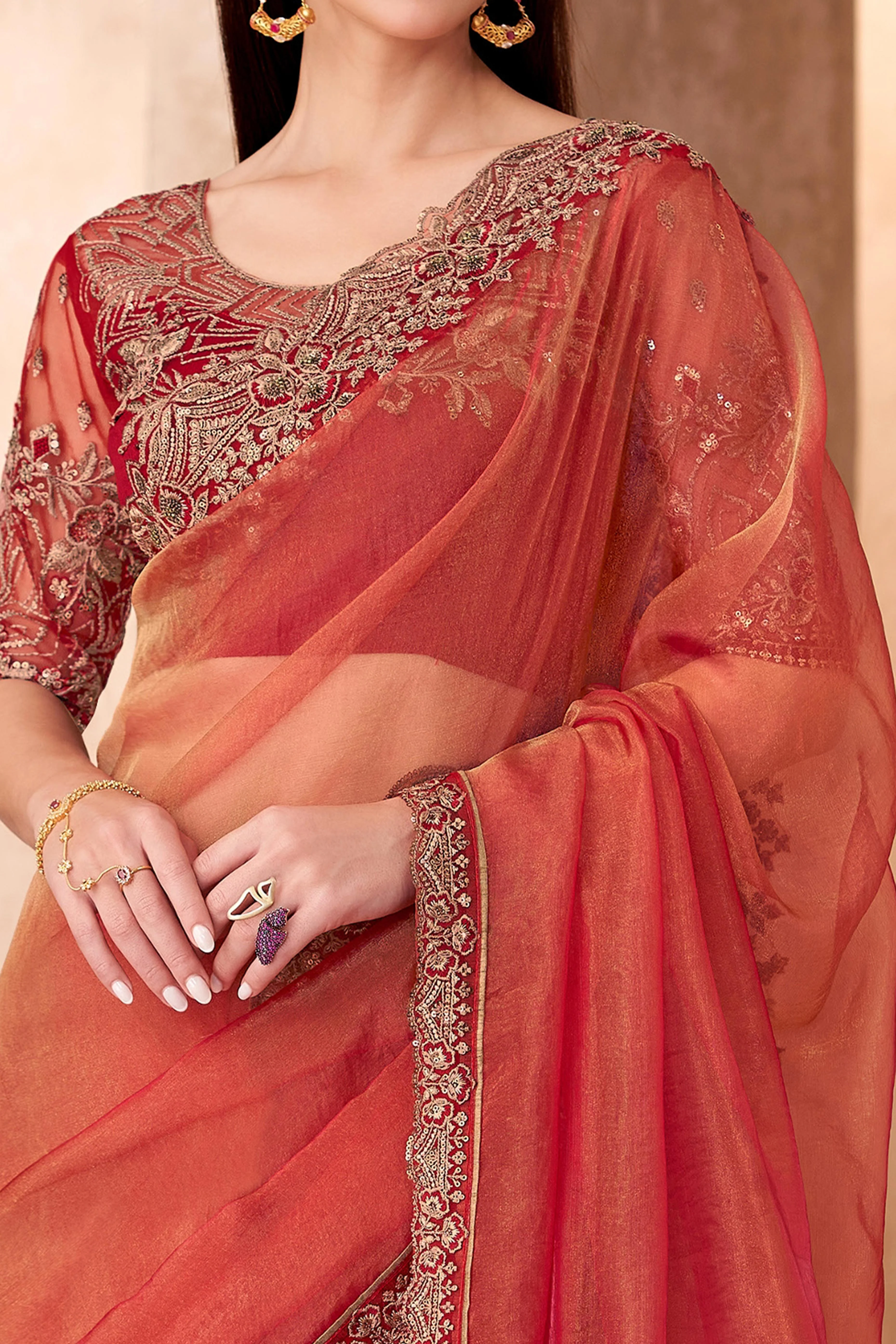 Party Perfect Orange Tissue Saree with Shimmering Sequin and Thread Embroidery - Image 3