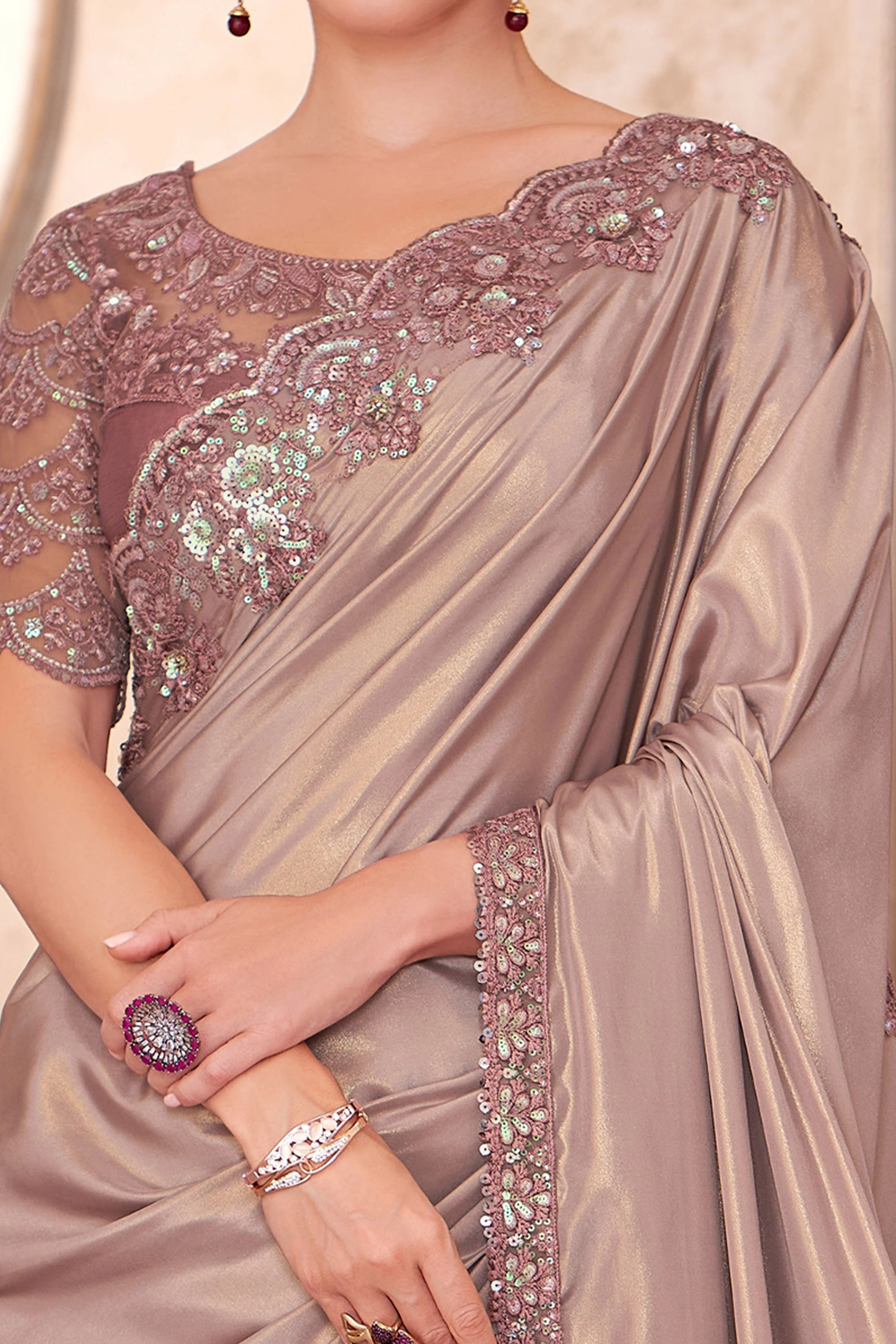 Party Perfect Pinkish Beige Crepe Saree with Shimmering Sequin and Thread Embroidery - Image 2