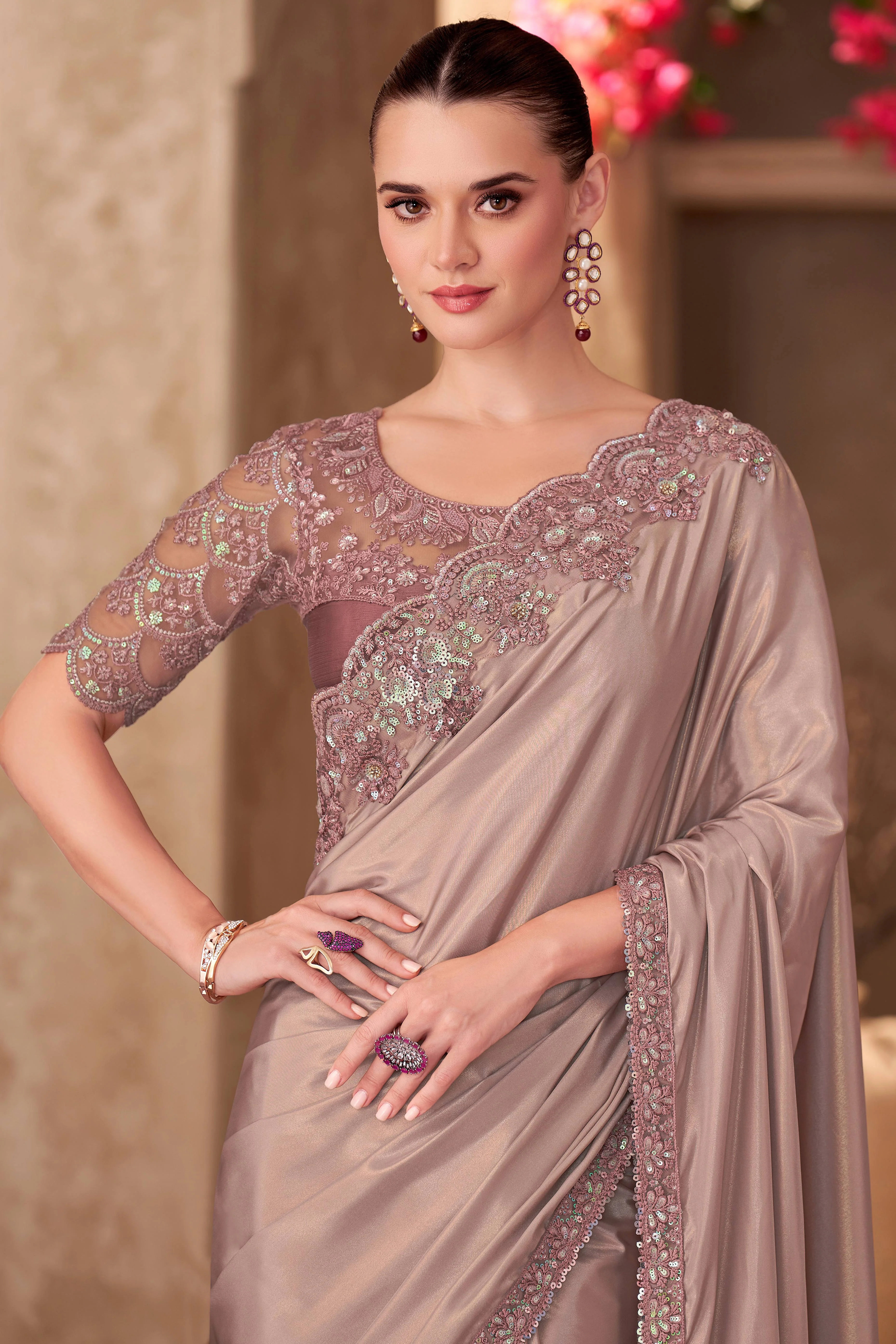 Party Perfect Pinkish Beige Crepe Saree with Shimmering Sequin and Thread Embroidery - Image 3