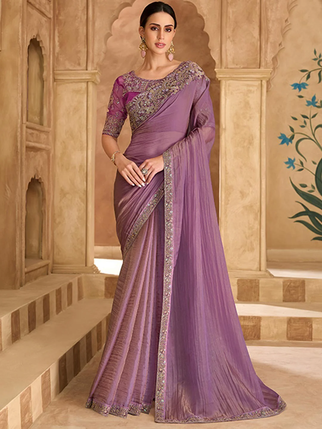 Party Perfect Purple Georgette Saree with Shimmering Sequin and Thread Embroidery