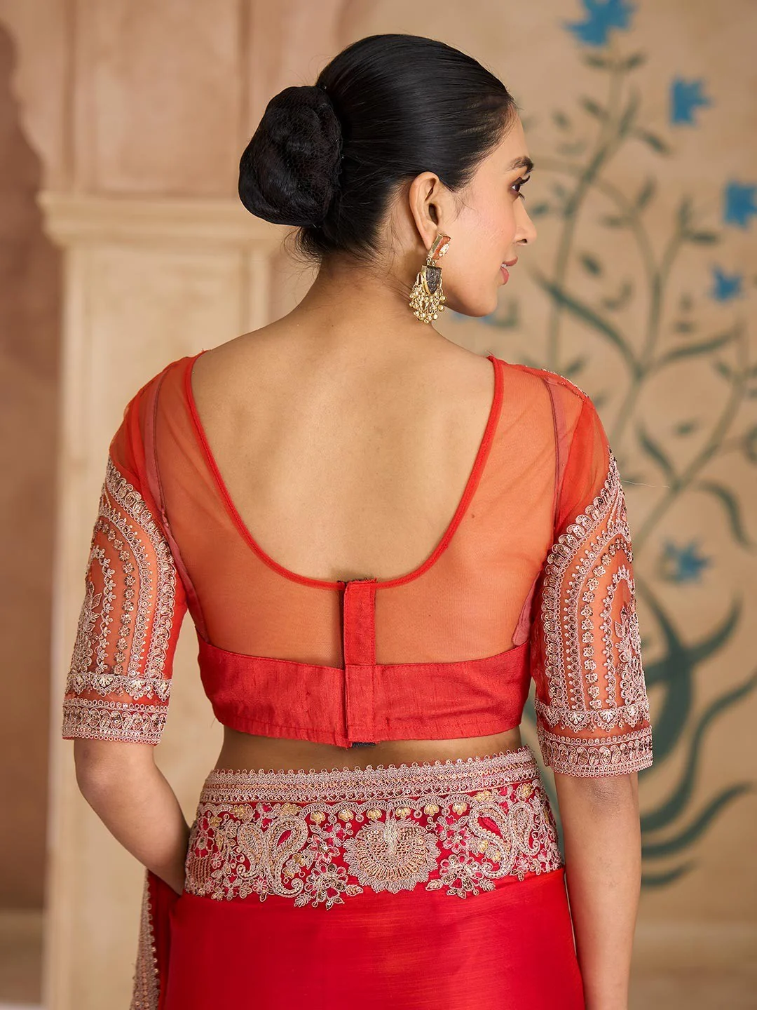 Party Perfect Red Chiffon Saree with Shimmering Sequin and Thread Embroidery - Image 2