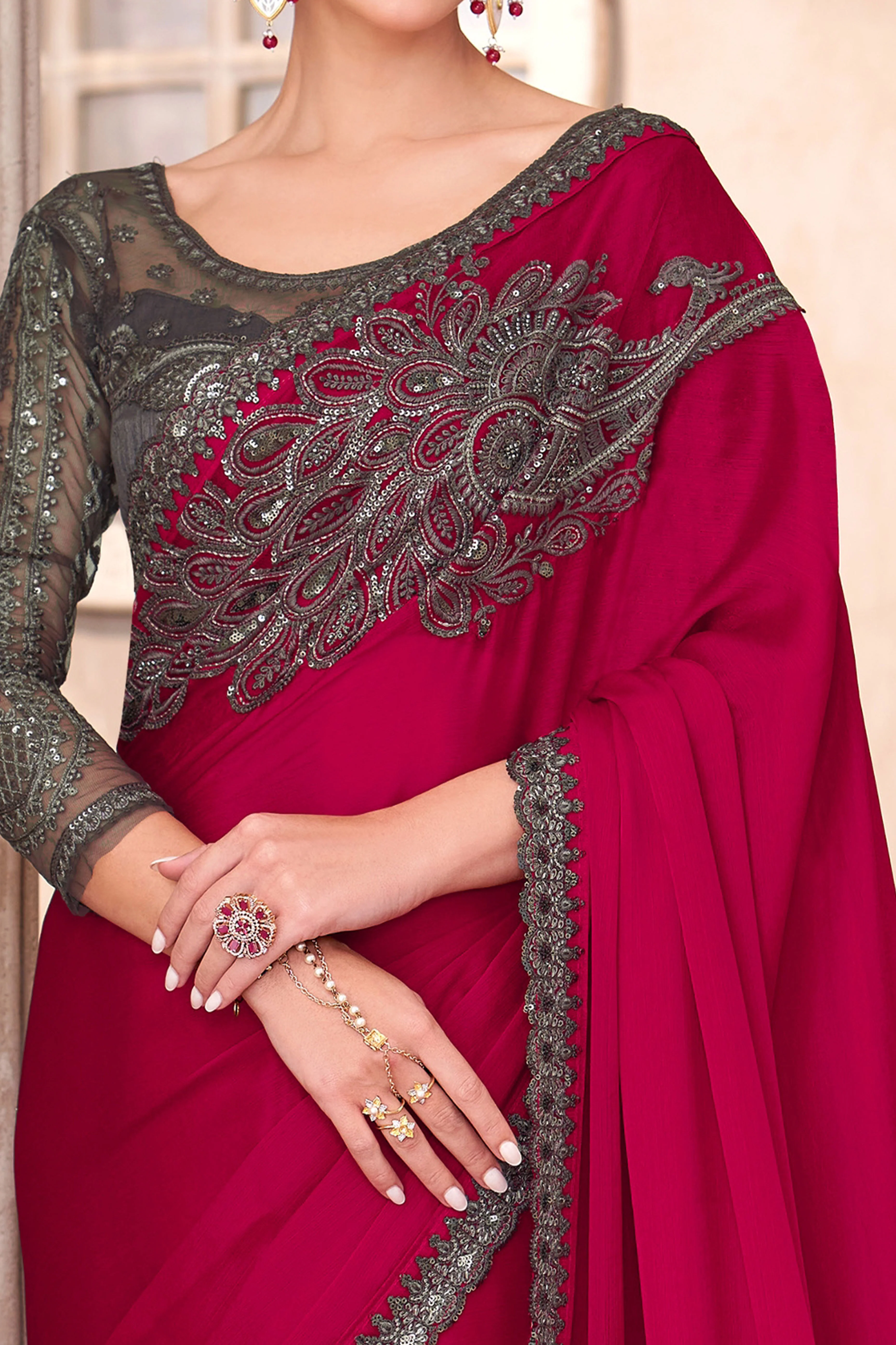 Party Perfect Rose Pink Chiffon Saree with Shimmering Sequin and Thread Embroidery - Image 2